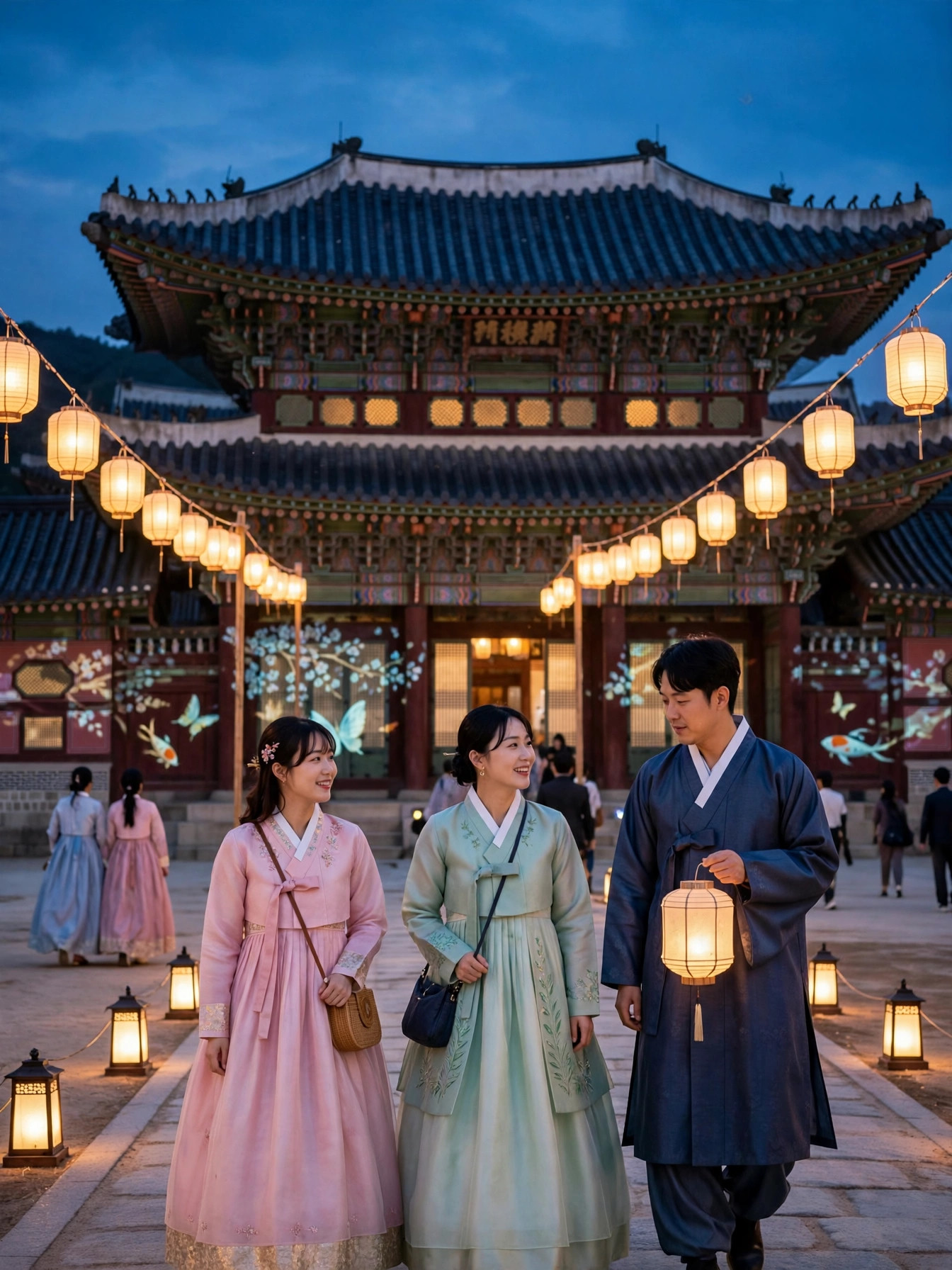 경복궁 야간 한복 연향 프로그램의 등불 풍경