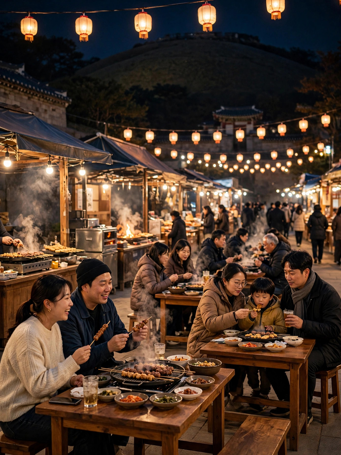 가을밤 야시장 달빛난장에서 먹거리를 즐기는 사람들