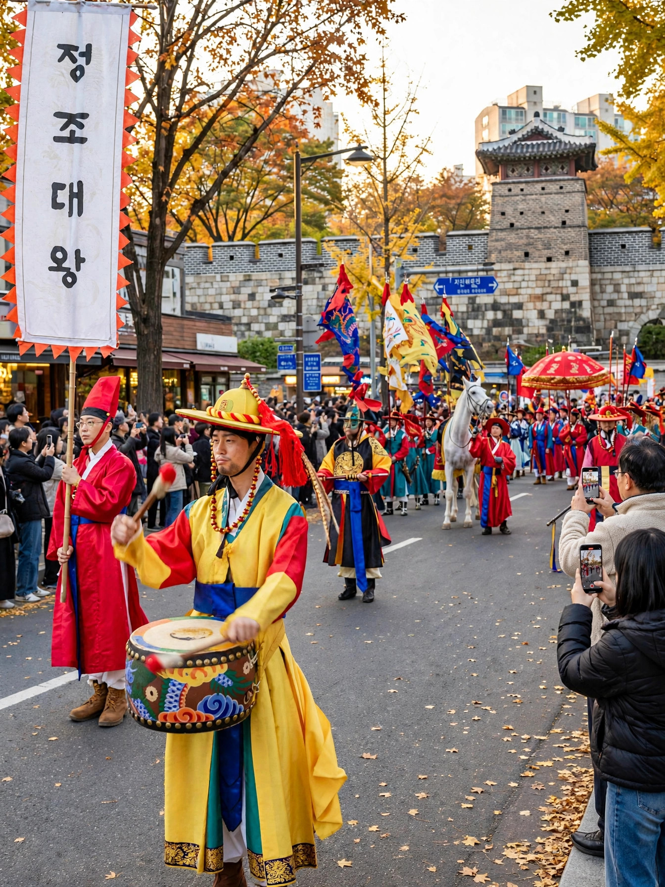 정조대왕 능행차 재현 행렬이 수원화성을 행진하는 모습