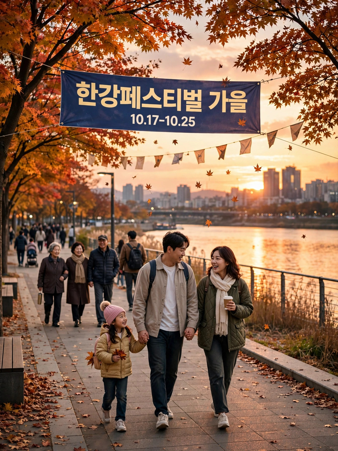 가을 노을 아래 한강공원 산책로