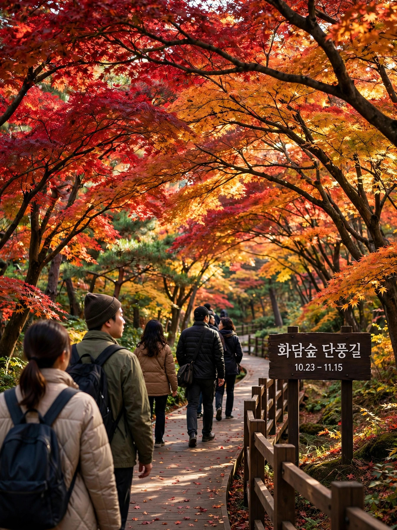 단풍 터널을 이룬 화담숲 산책로와 가을 옷차림 방문객들 (10.23 - 11.15 안내판)