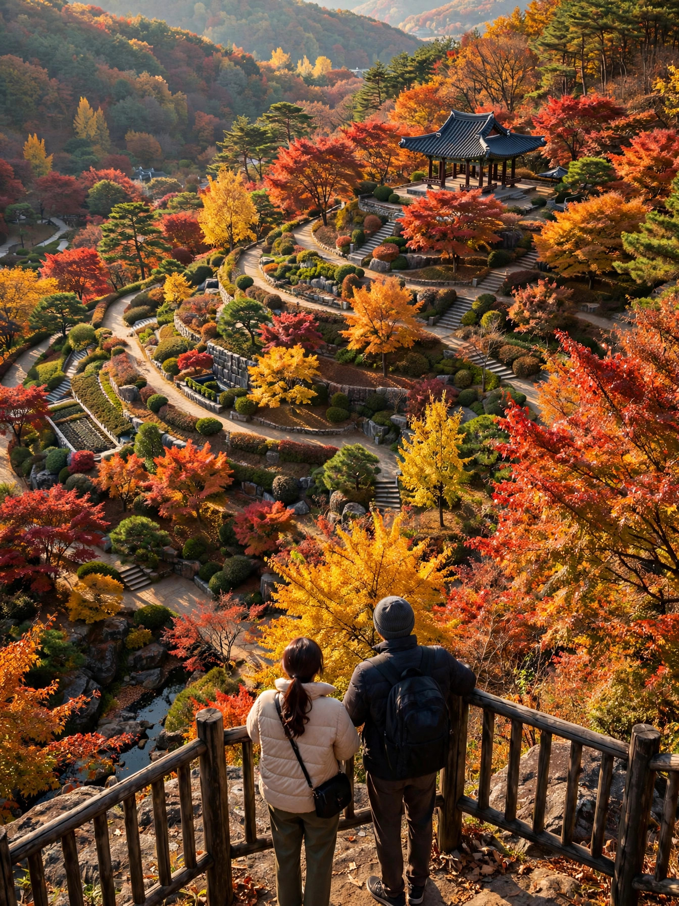 화담숲 가을 단풍 정원 파노라마와 전망대에서 바라보는 방문객들