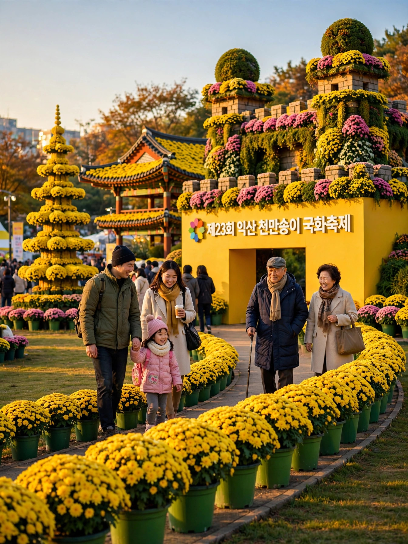 가을 햇살 속 국화밭 방문객