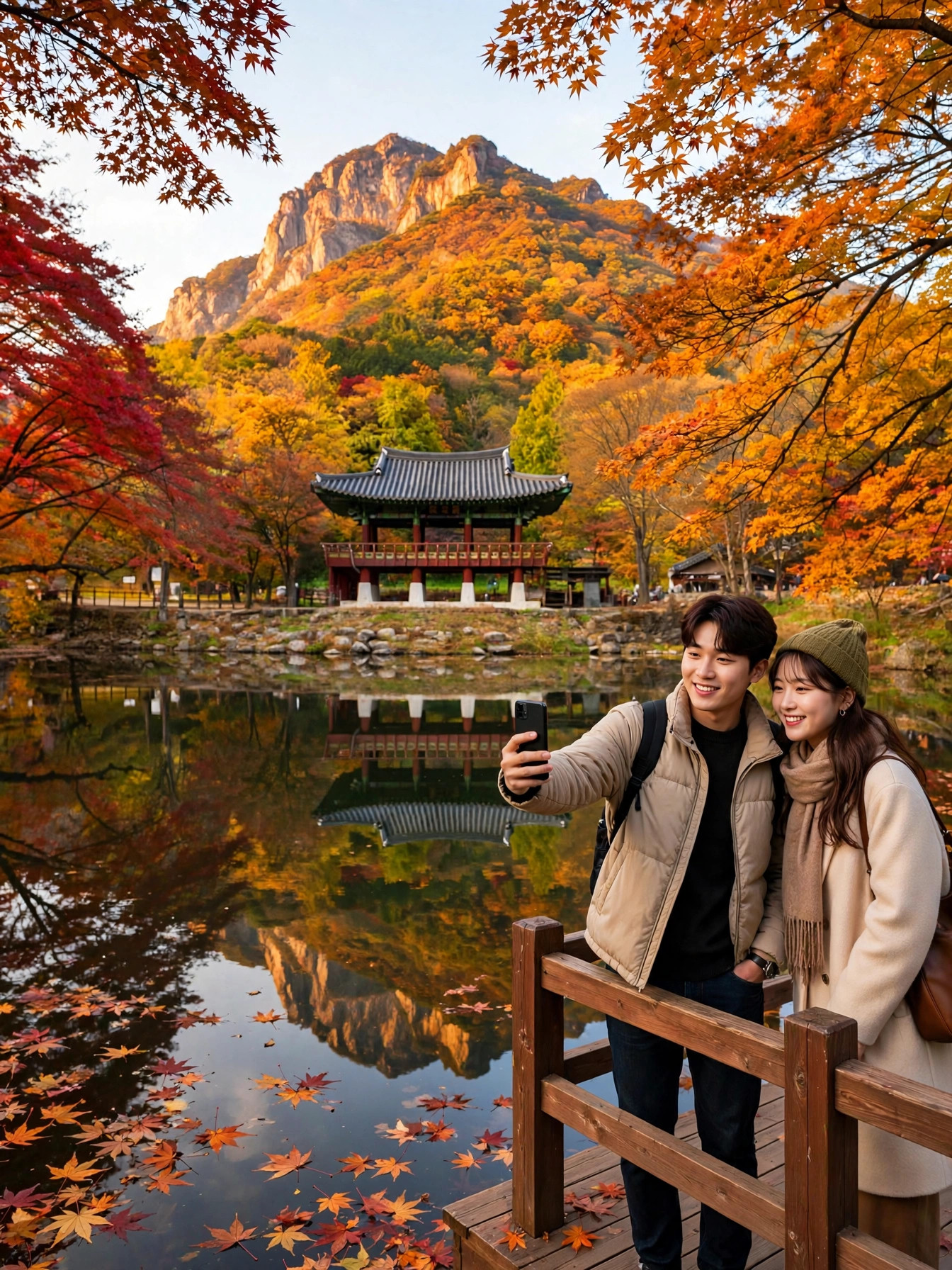 쌍계루 연못에 비친 단풍과 백암산, 인증샷을 찍는 연인
