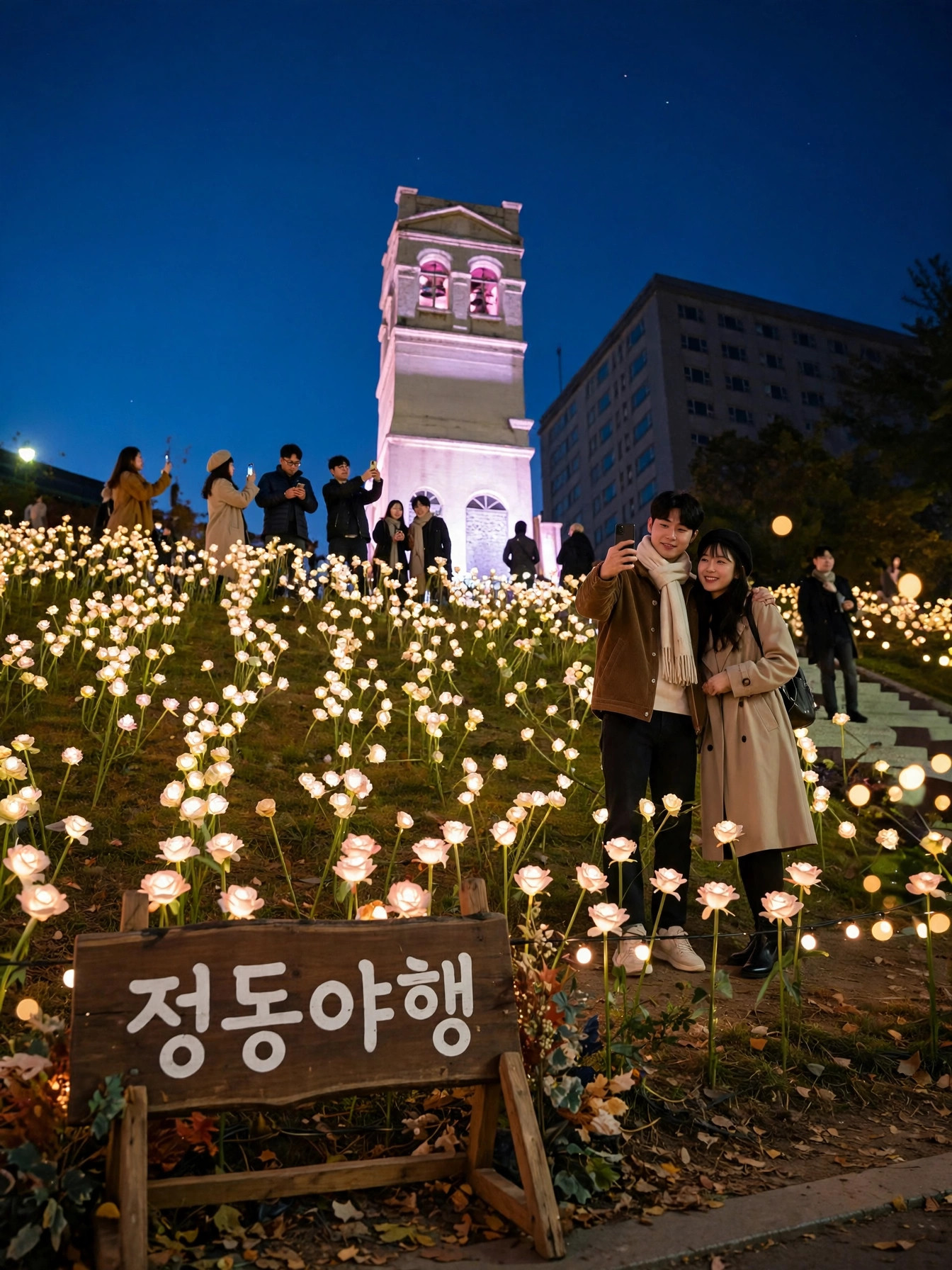 정동 야간 빛 포토존에서 사진 찍는 방문객