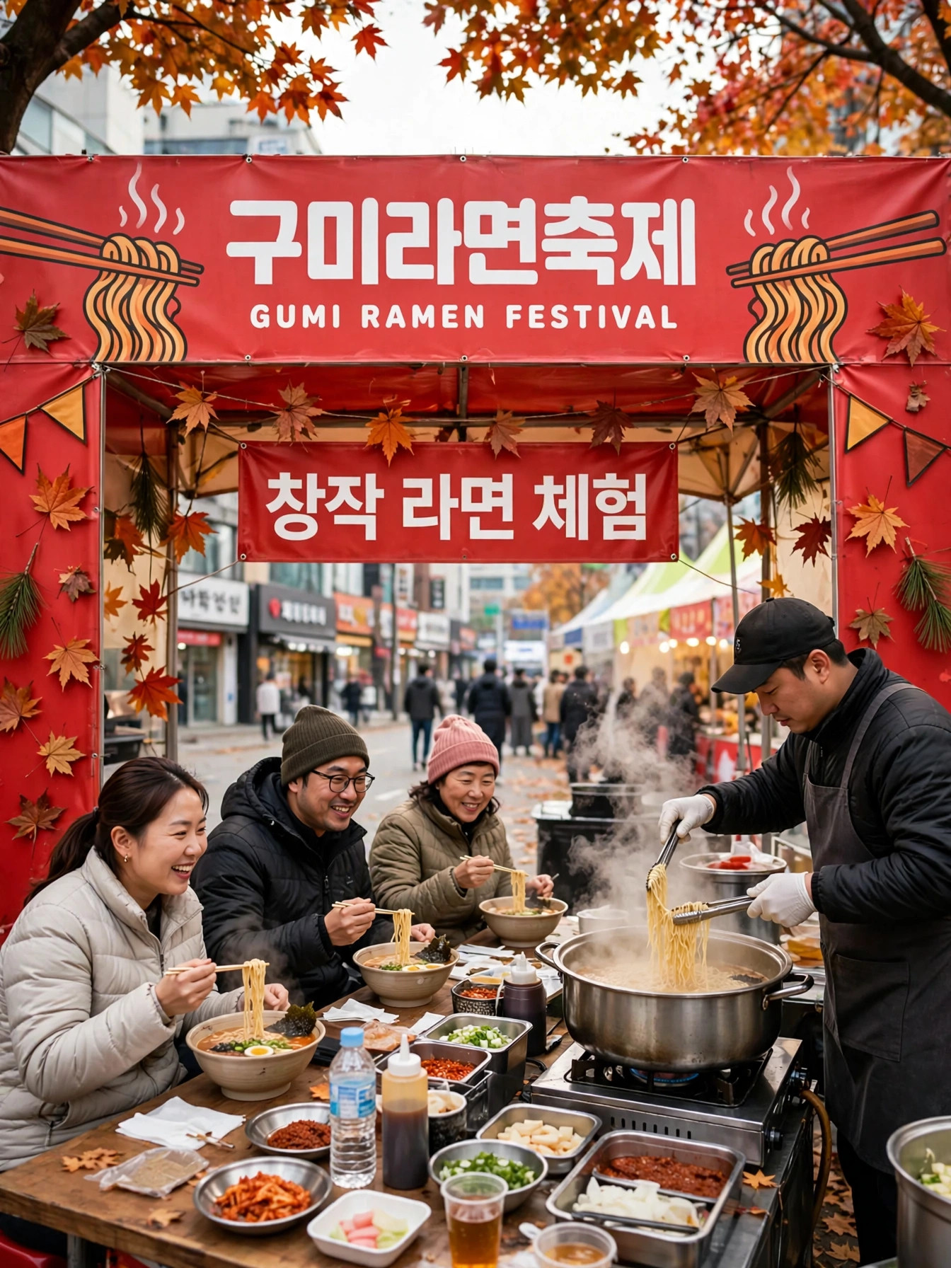 창작 라면 체험 부스에서 라면을 맛보는 사람들