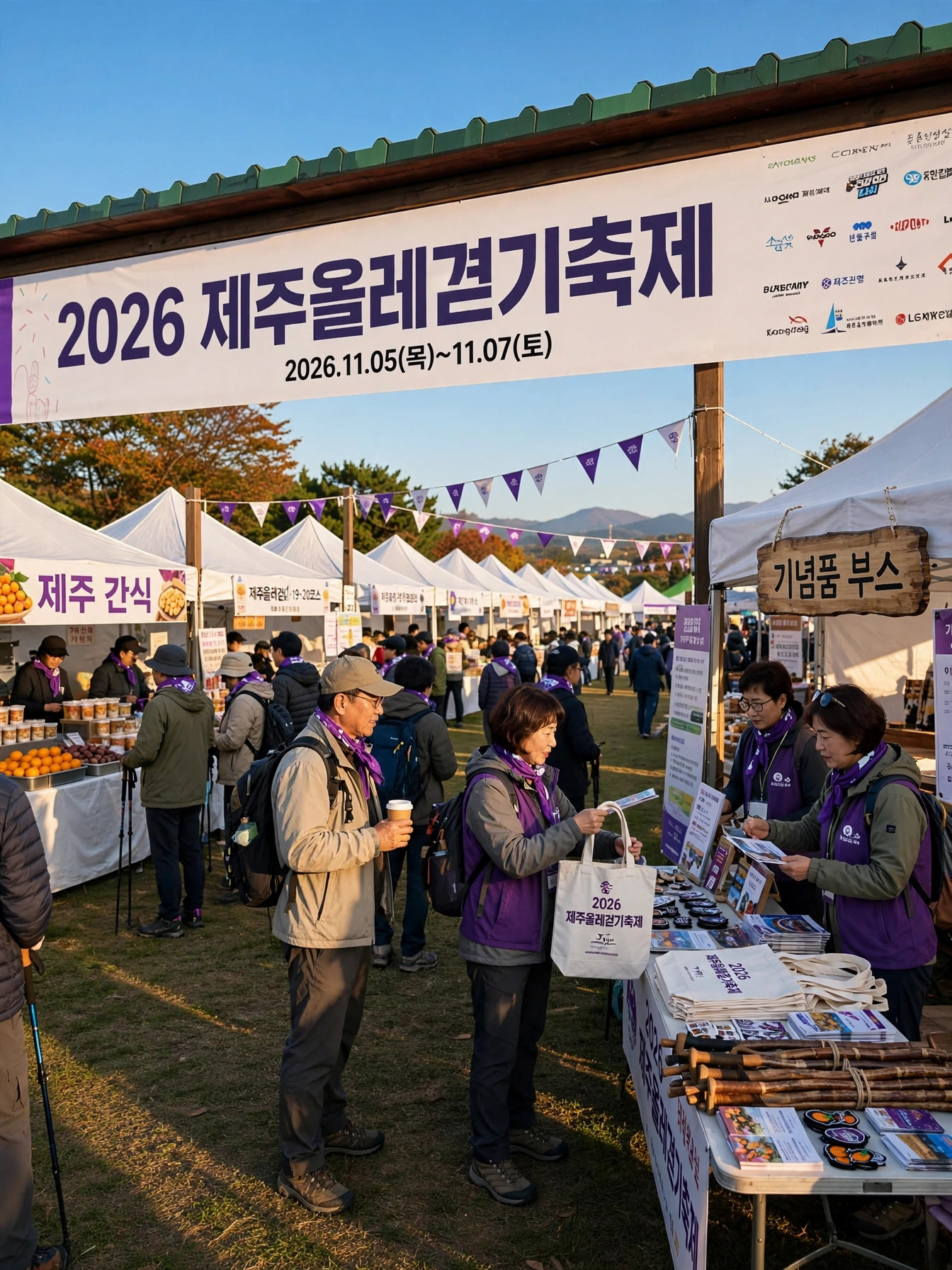 축제 베이스캠프의 기념품 부스와 참가자들
