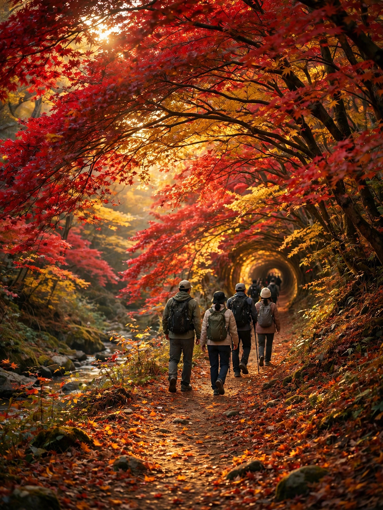 피아골 계곡의 붉은 단풍 터널을 걷는 사람들