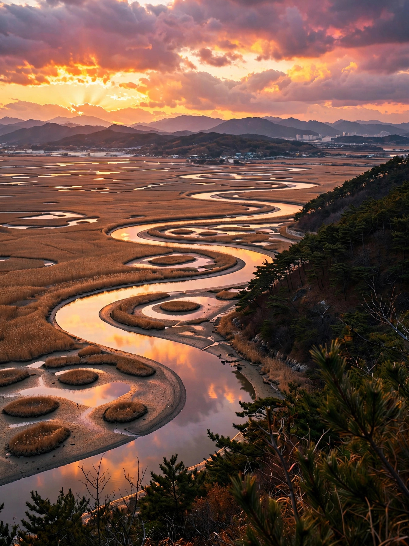 용산전망대에서 본 S자 수로 석양