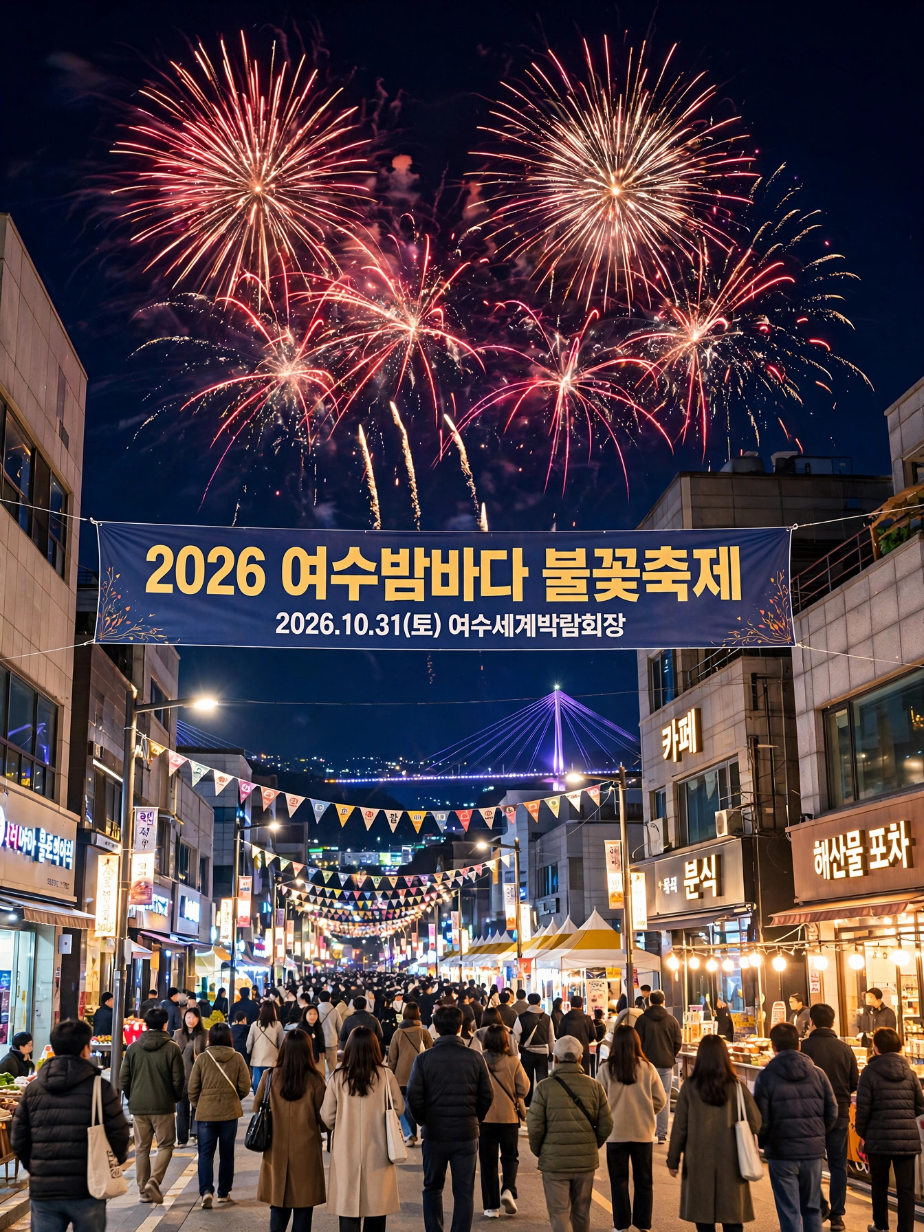 2026 여수밤바다 불꽃축제 현수막이 걸린 축제 거리