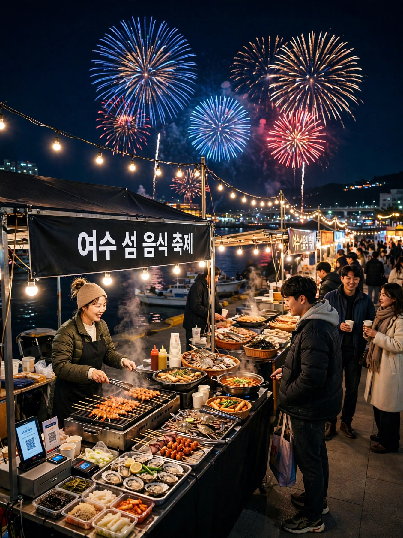 여수 섬 음식 축제 포장마차와 밤바다 불꽃