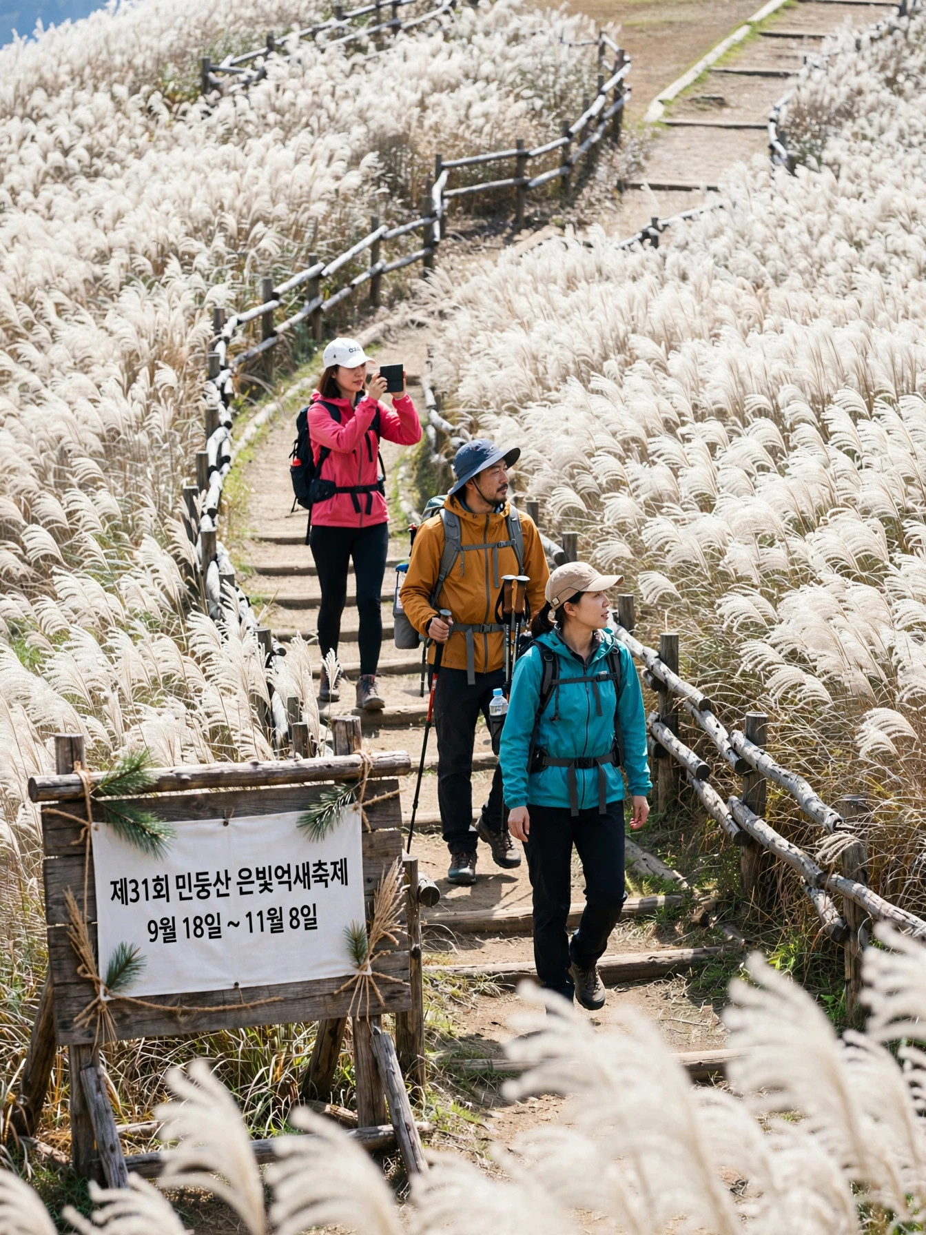 목책 계단길을 오르는 등산객과 축제 현수막