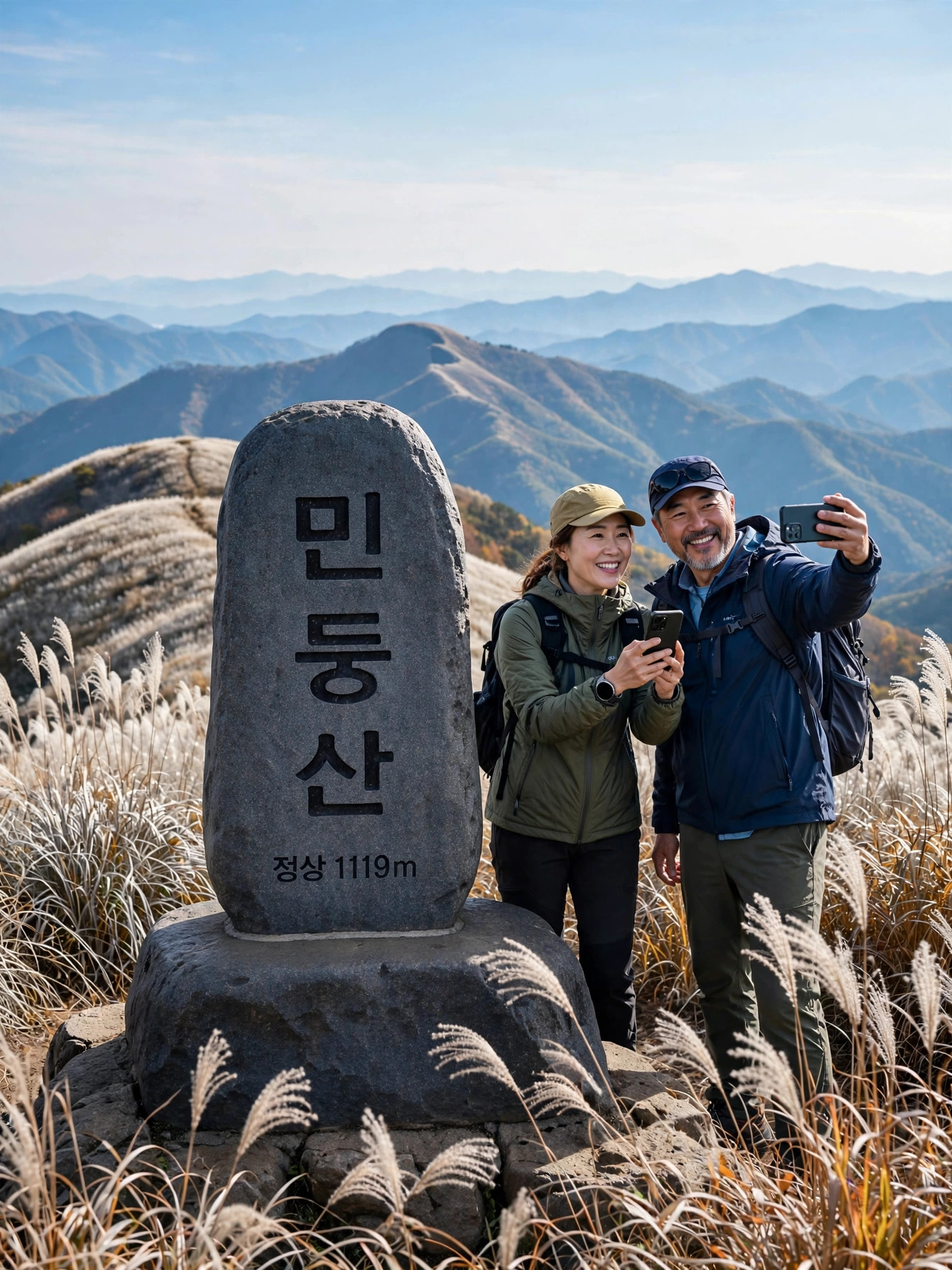 민둥산 정상 표지석 앞 인증샷