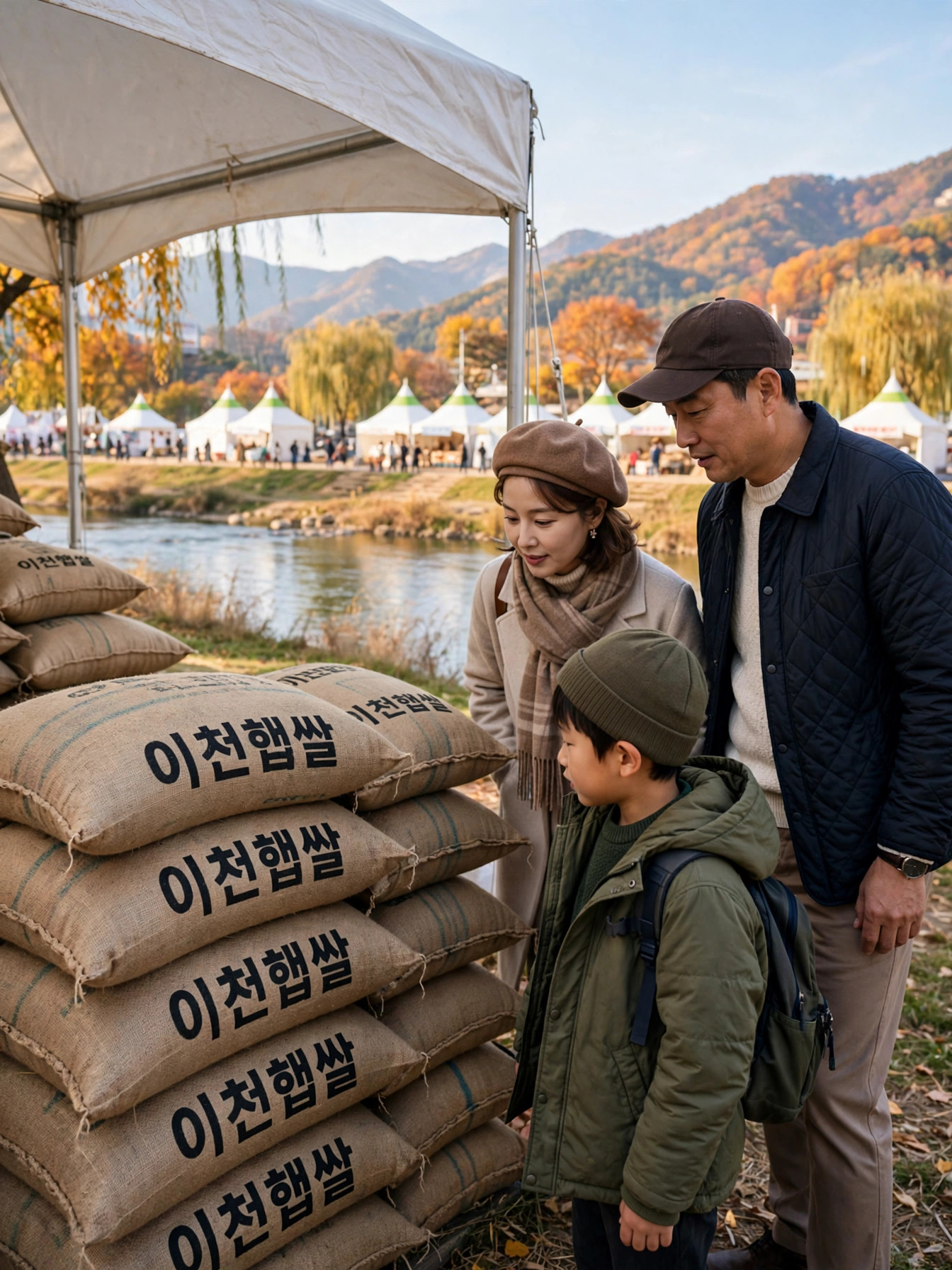 이천햅쌀 장터에서 쌀포대를 구경하는 가족