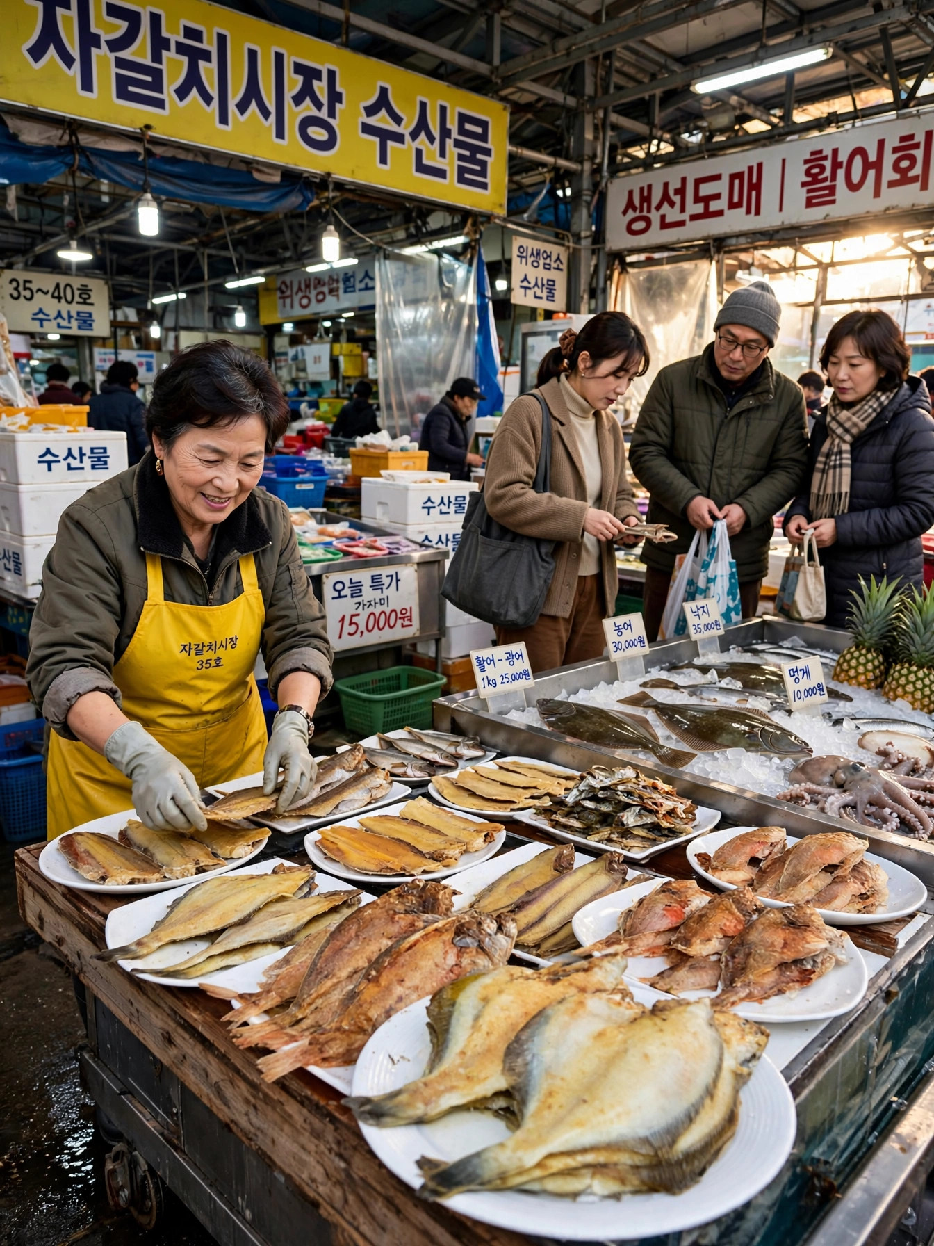 부산 자갈치시장 수산시장 풍경 — 활어·건어물 좌판과 상인