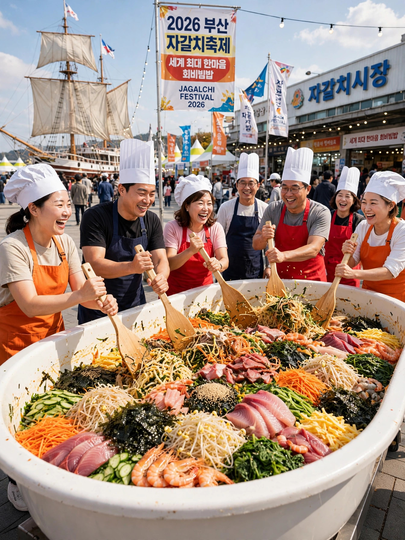 세계 최대 한마음 회비빔밥 퍼포먼스 — 대형 주걱으로 함께 비비는 참가자들