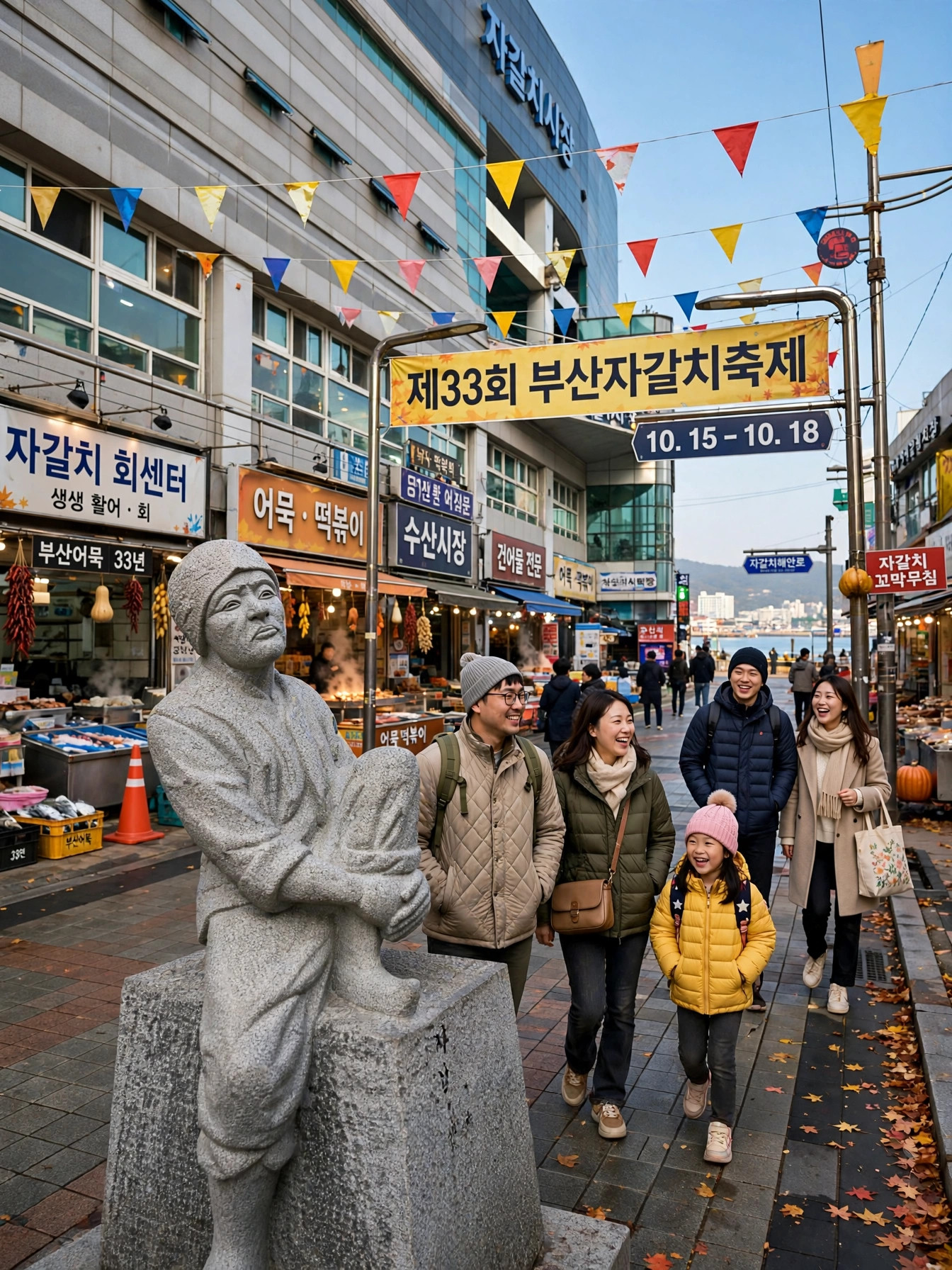 축제 기간 자갈치시장 앞 축제 거리 — 만국기와 현수막, 어부 동상