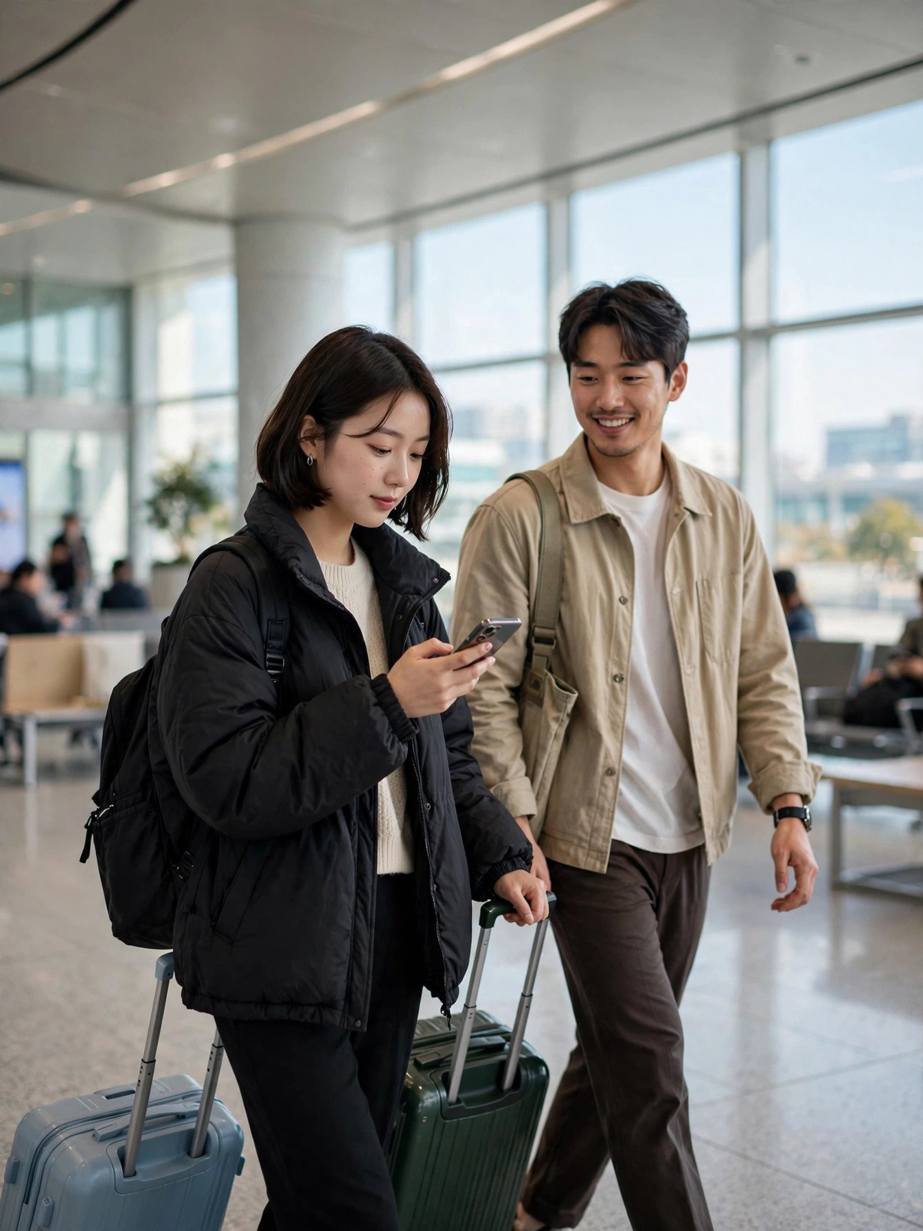 일본 공항 터미널을 걷는 여행객