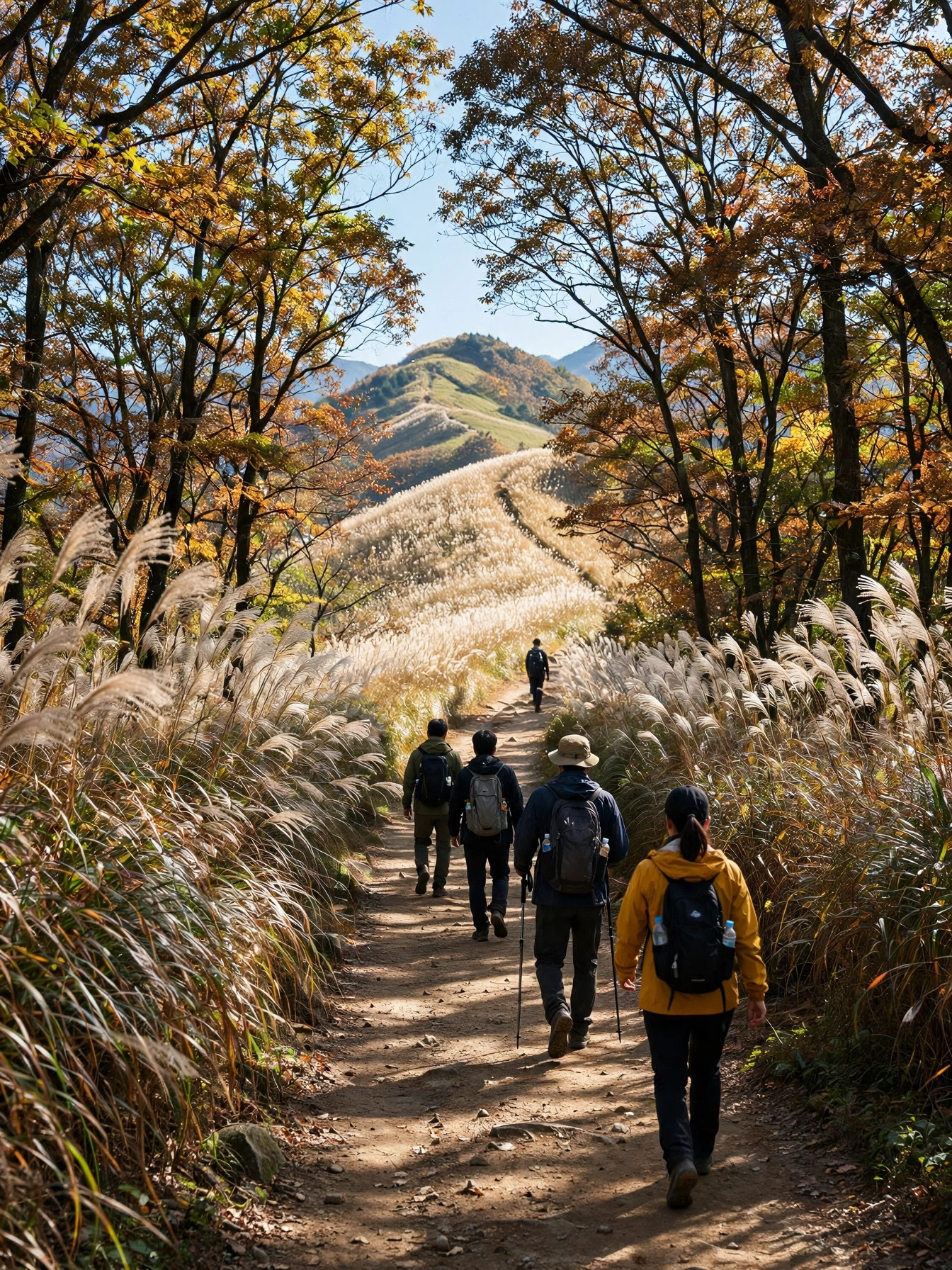 억새밭 사이 탐방로를 걷는 등산객
