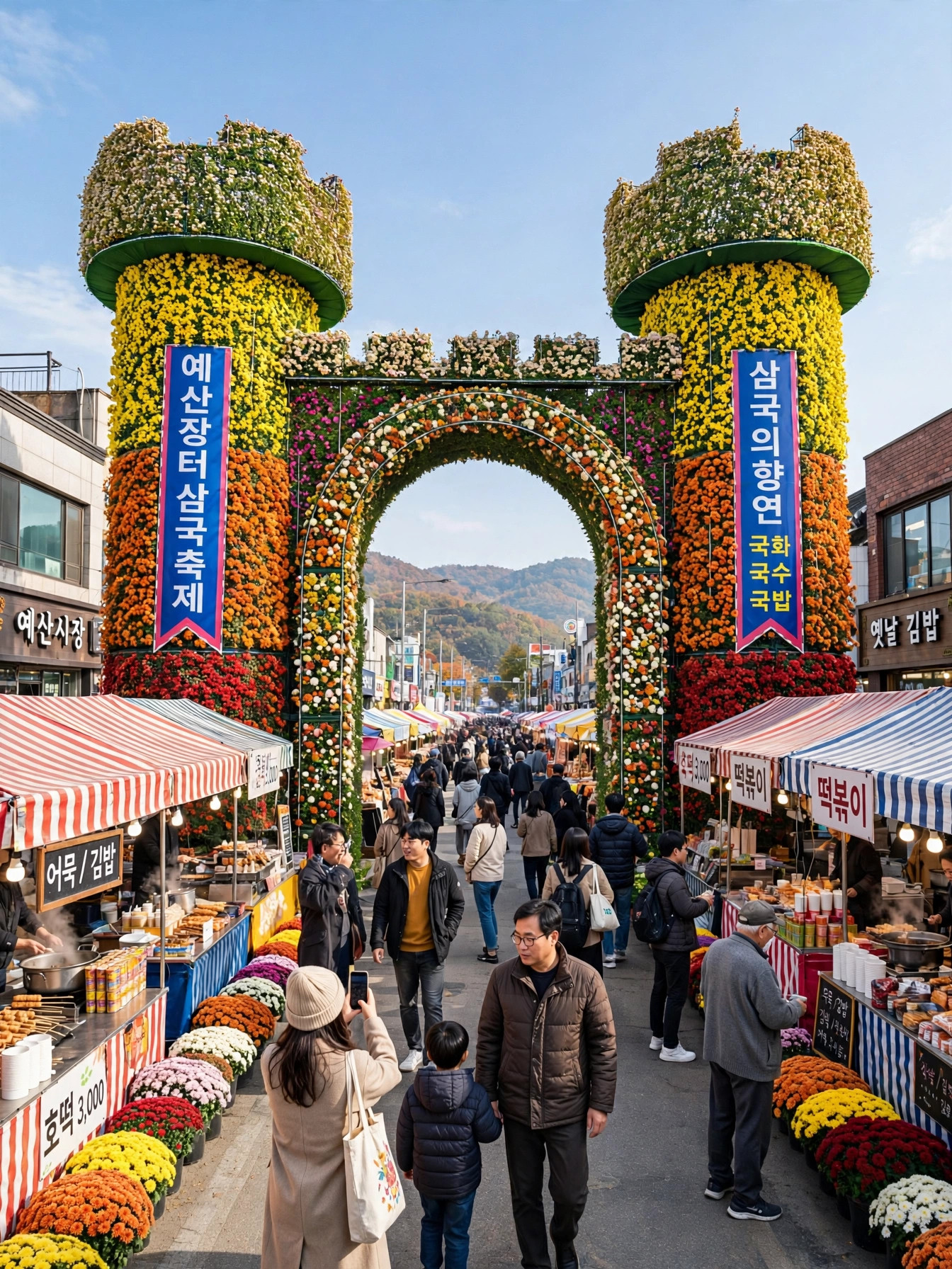 예산장터삼국축제 국화 성곽 게이트와 장터 거리