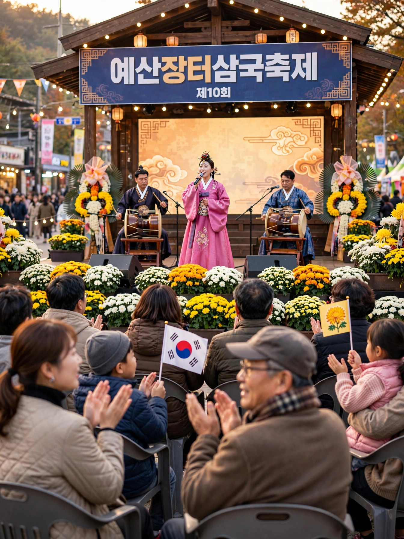 예산장터삼국축제 국화 장식 야외 무대 공연