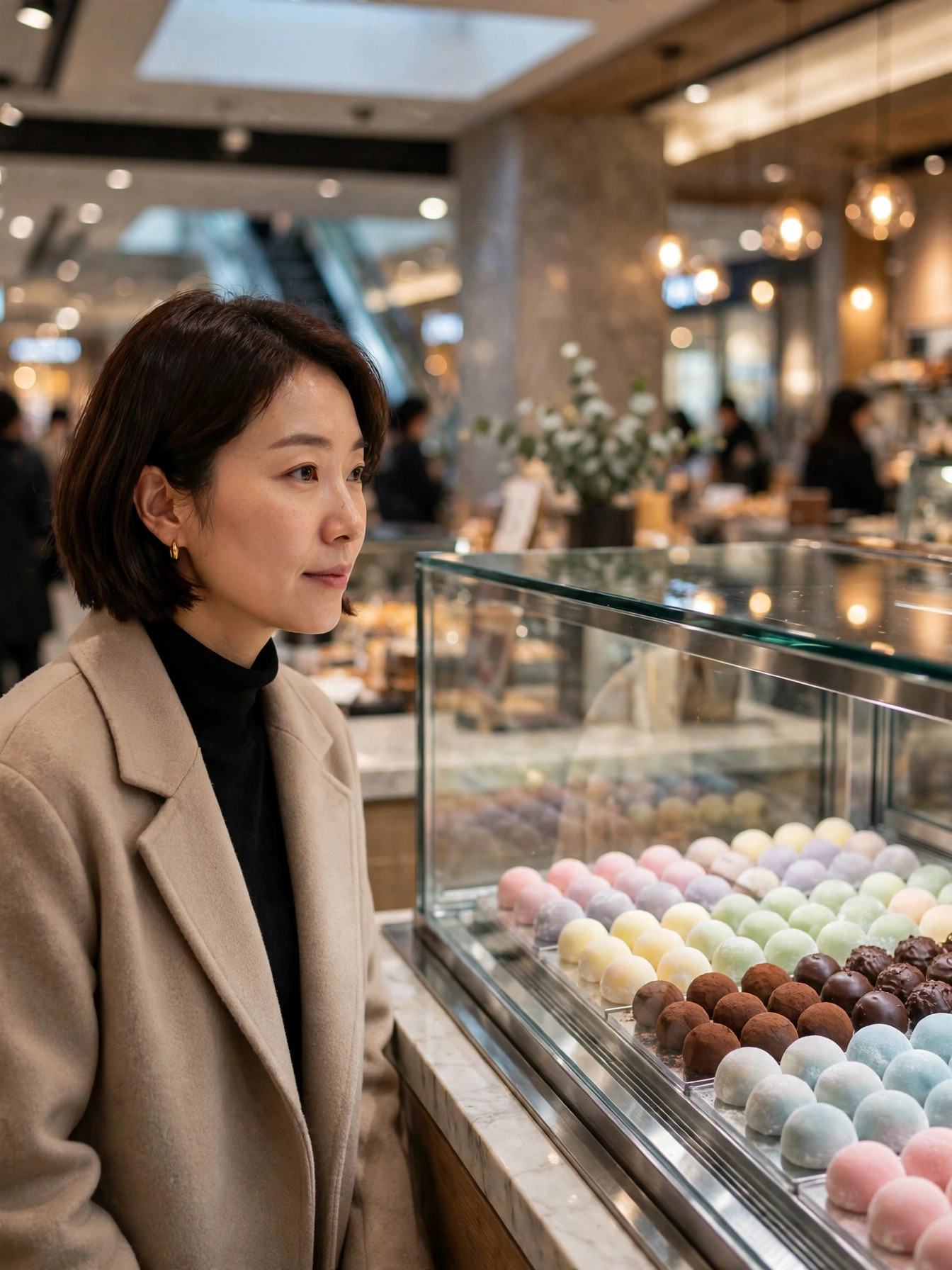 디저트 매장 진열장에서 모찌를 고르는 모습