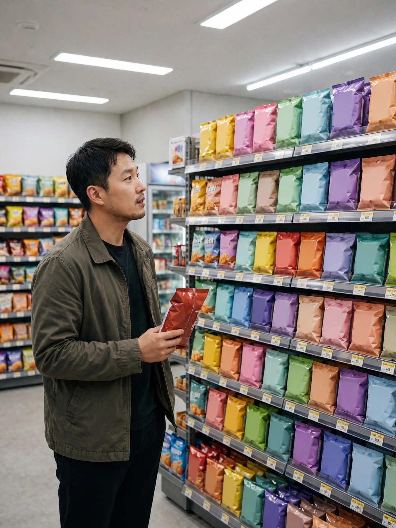 편의점 과자 진열대에서 신상 과자를 고르는 모습