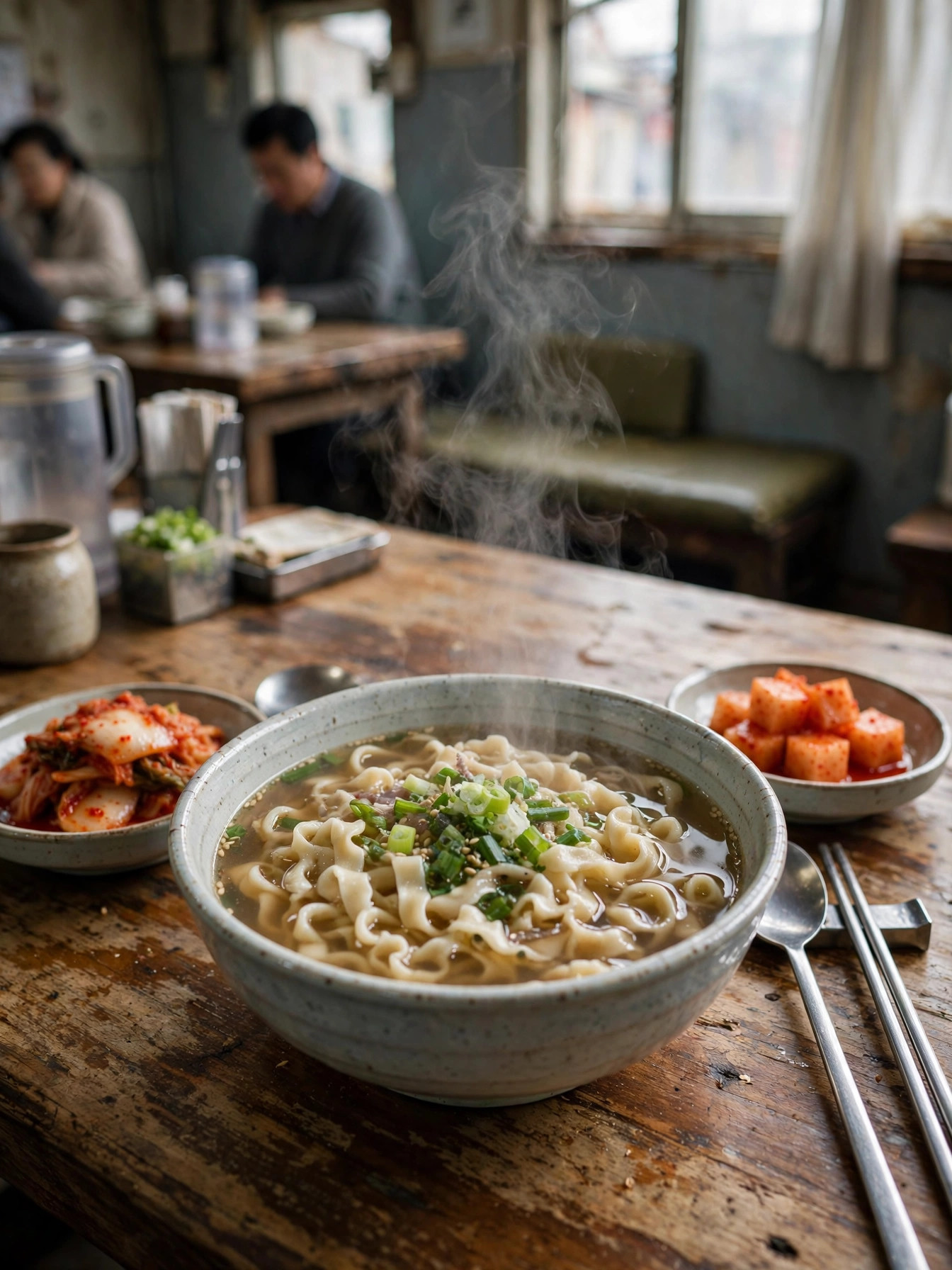 김치와 함께 나온 손칼국수 한 그릇