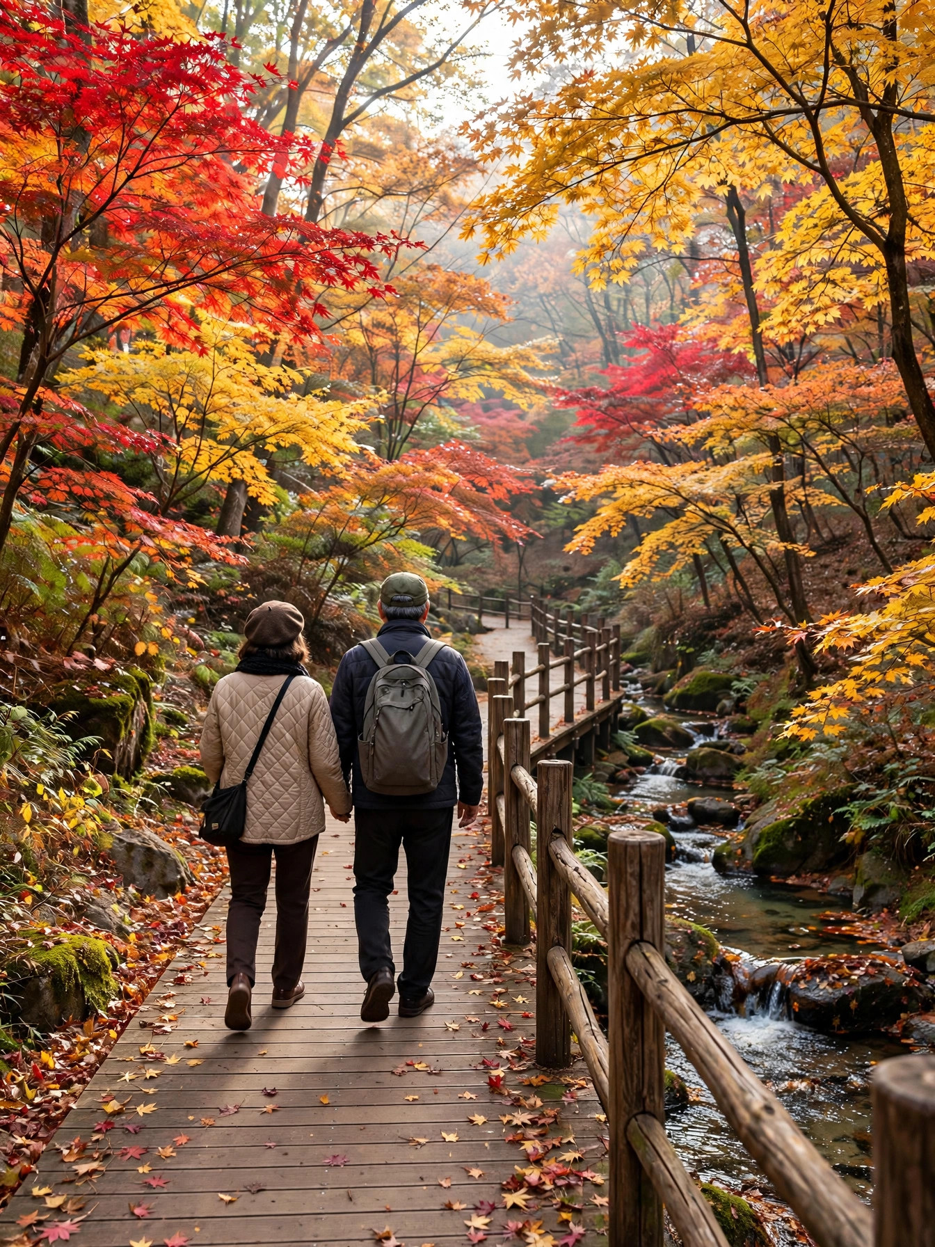 단풍 산책로를 걷는 부부