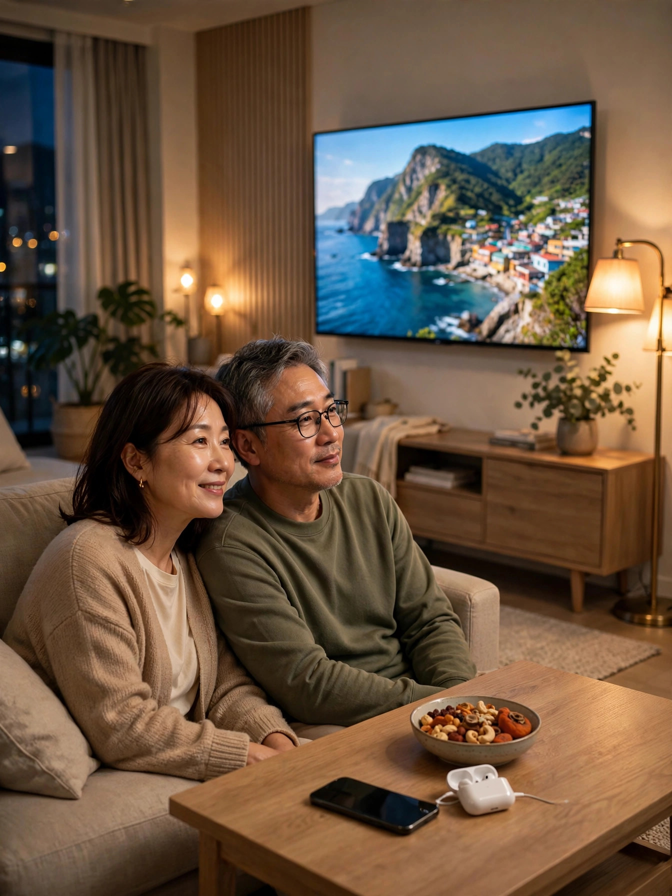 거실에서 TV로 영상을 보는 부부