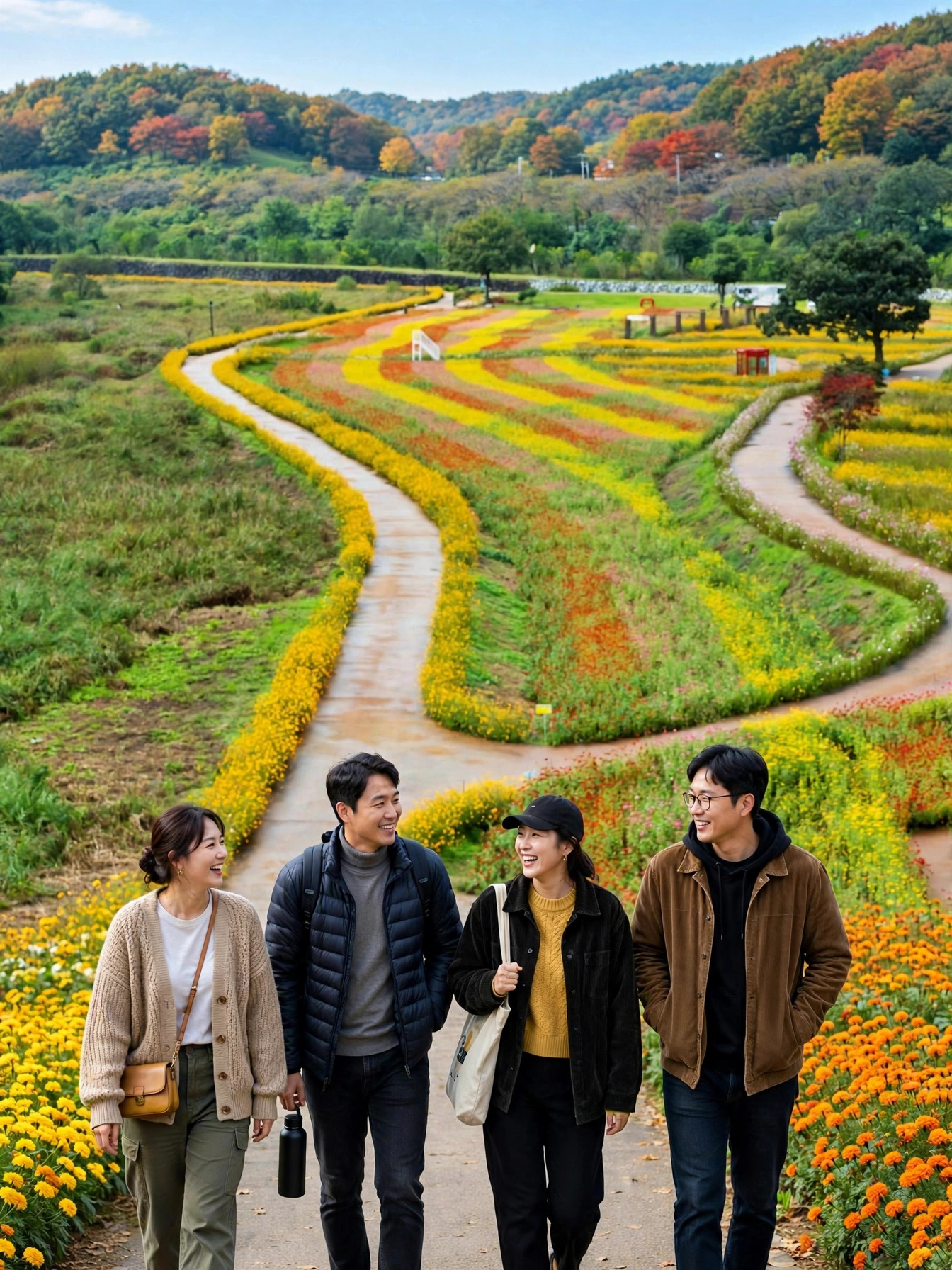 꽃밭 사이 산책로를 걷는 방문객들