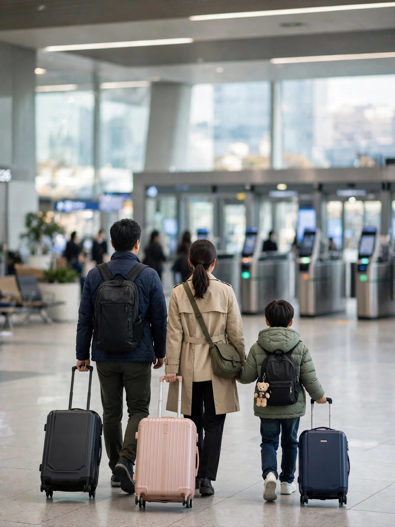 캐리어를 끌고 공항 입국 게이트로 향하는 가족 여행자