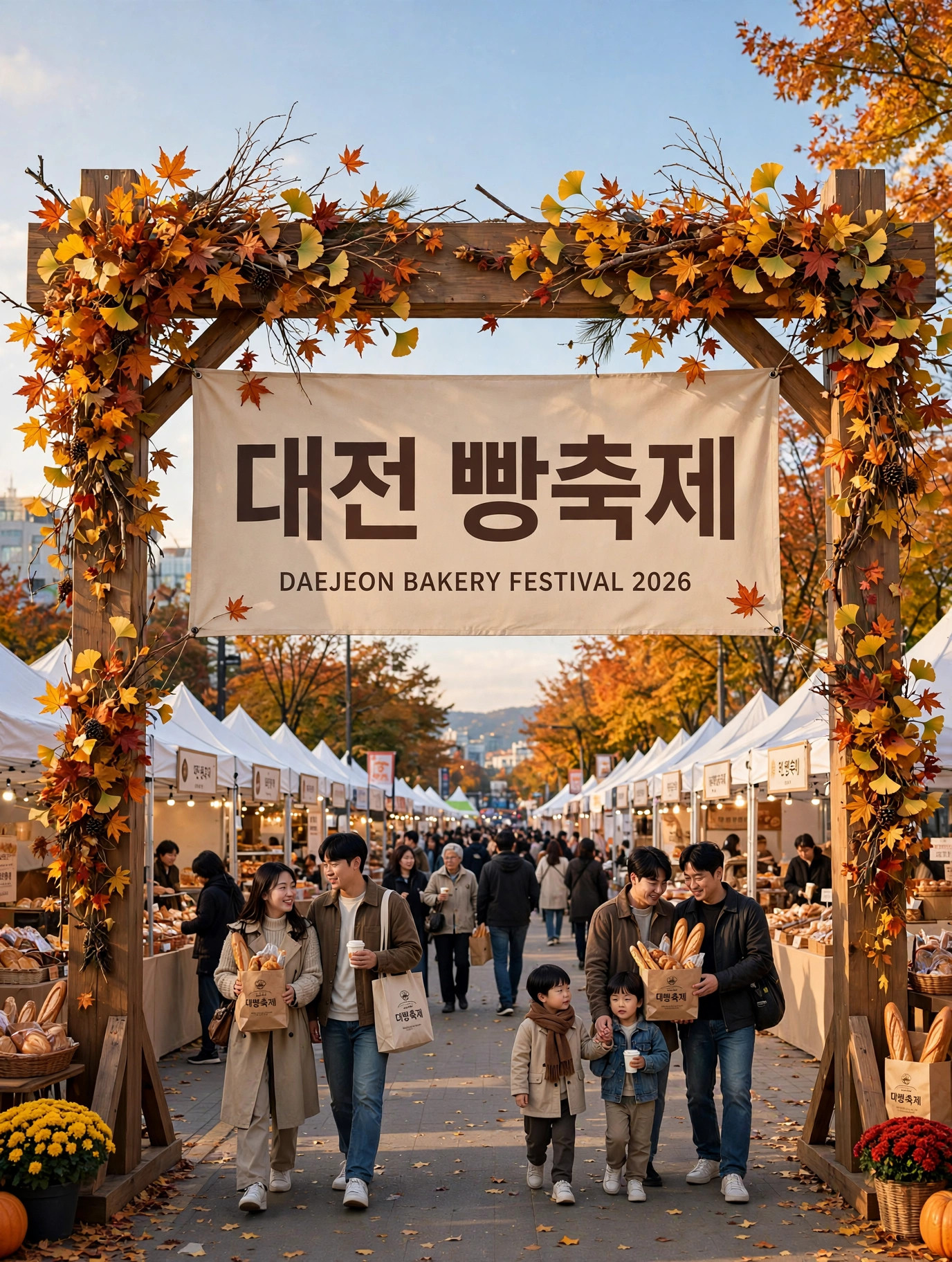 대전 빵축제 입구 아치와 빵 봉투를 든 방문객들