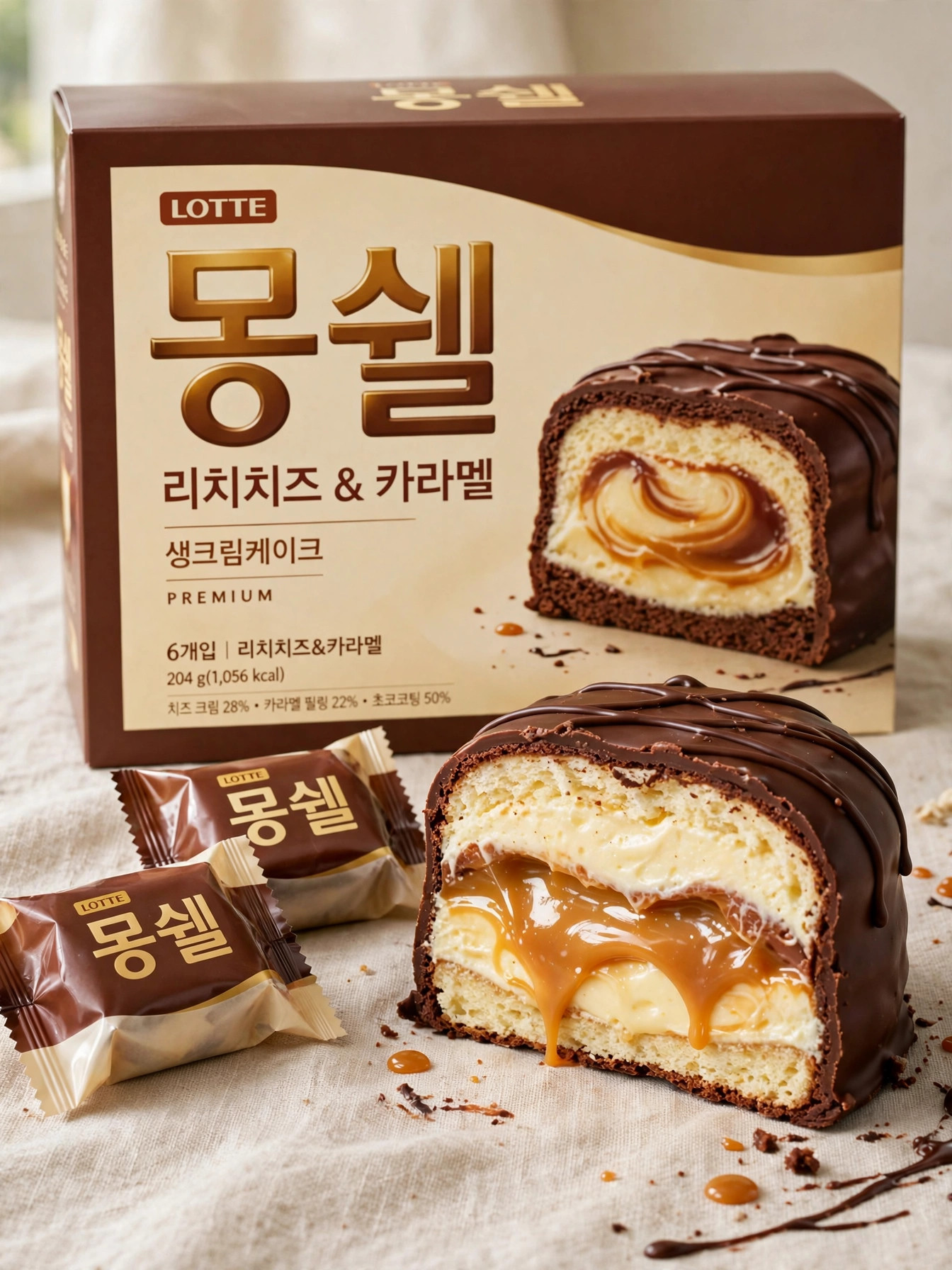 롯데 프리미엄 몽쉘 리치치즈 앤 카라멜 박스와 단면