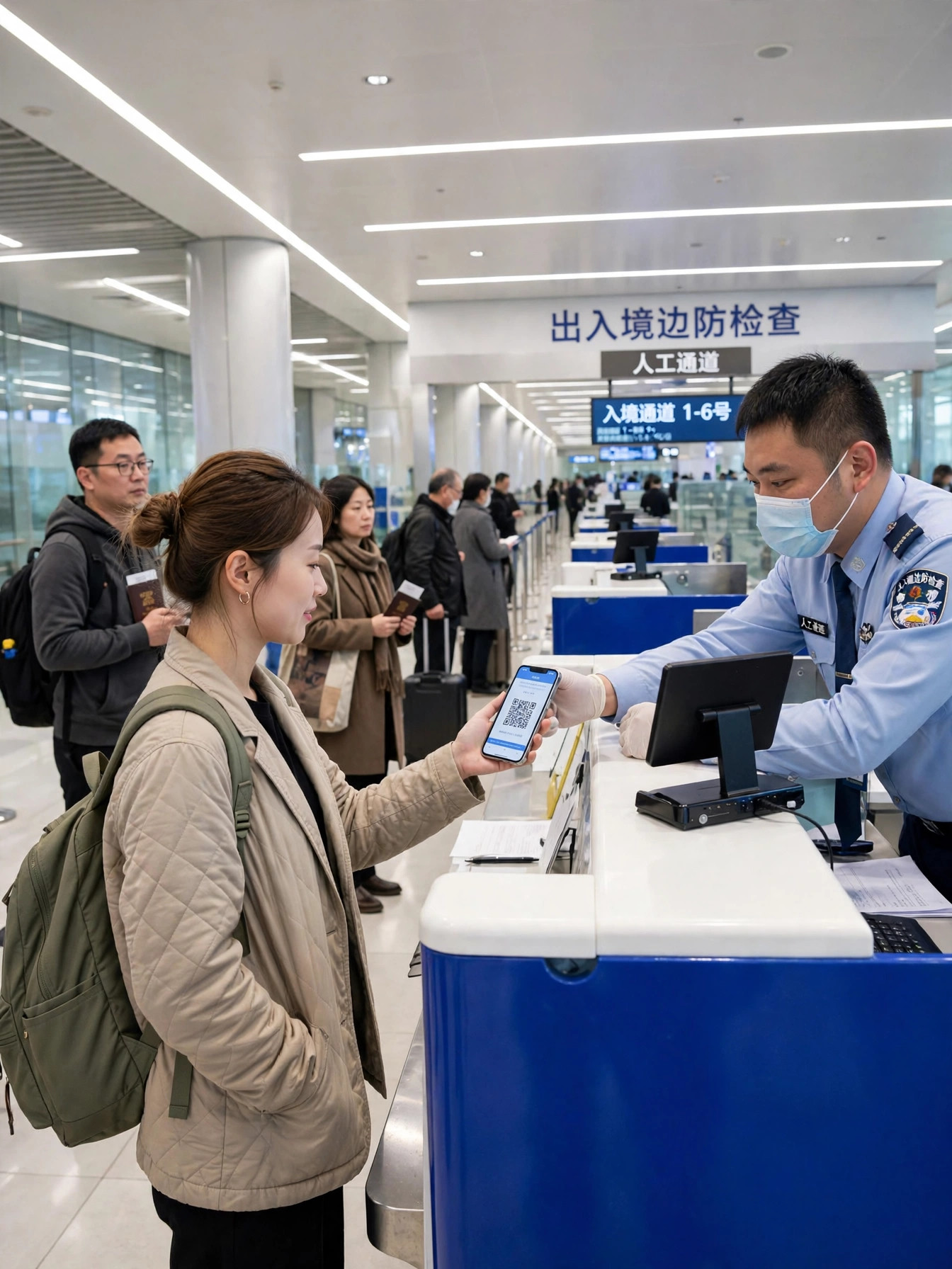 공항 입국심사에서 휴대폰 QR을 보여주는 여행자