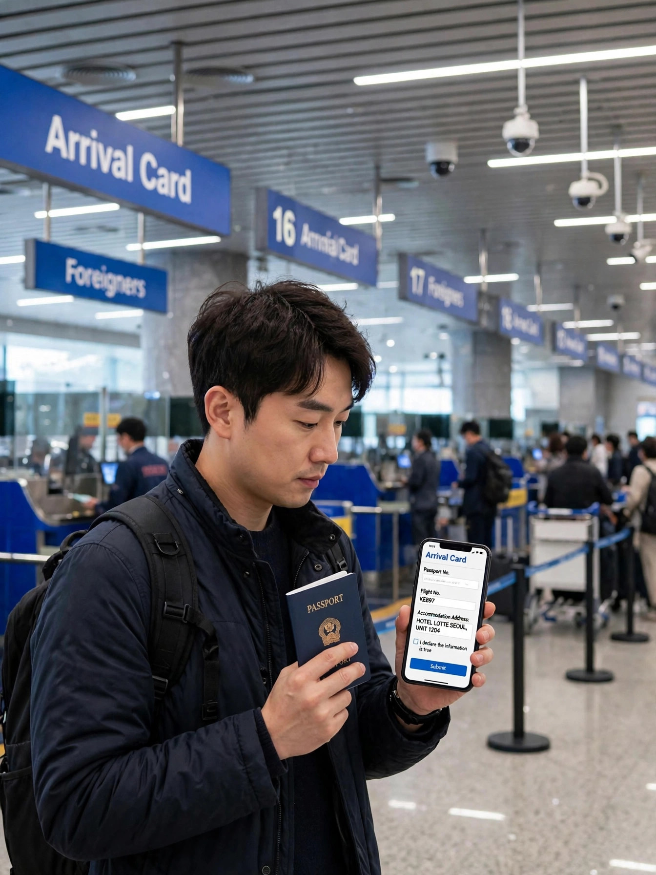 중국 공항 입국심사 대기열에서 스마트폰으로 온라인 입국카드를 작성하는 여행자