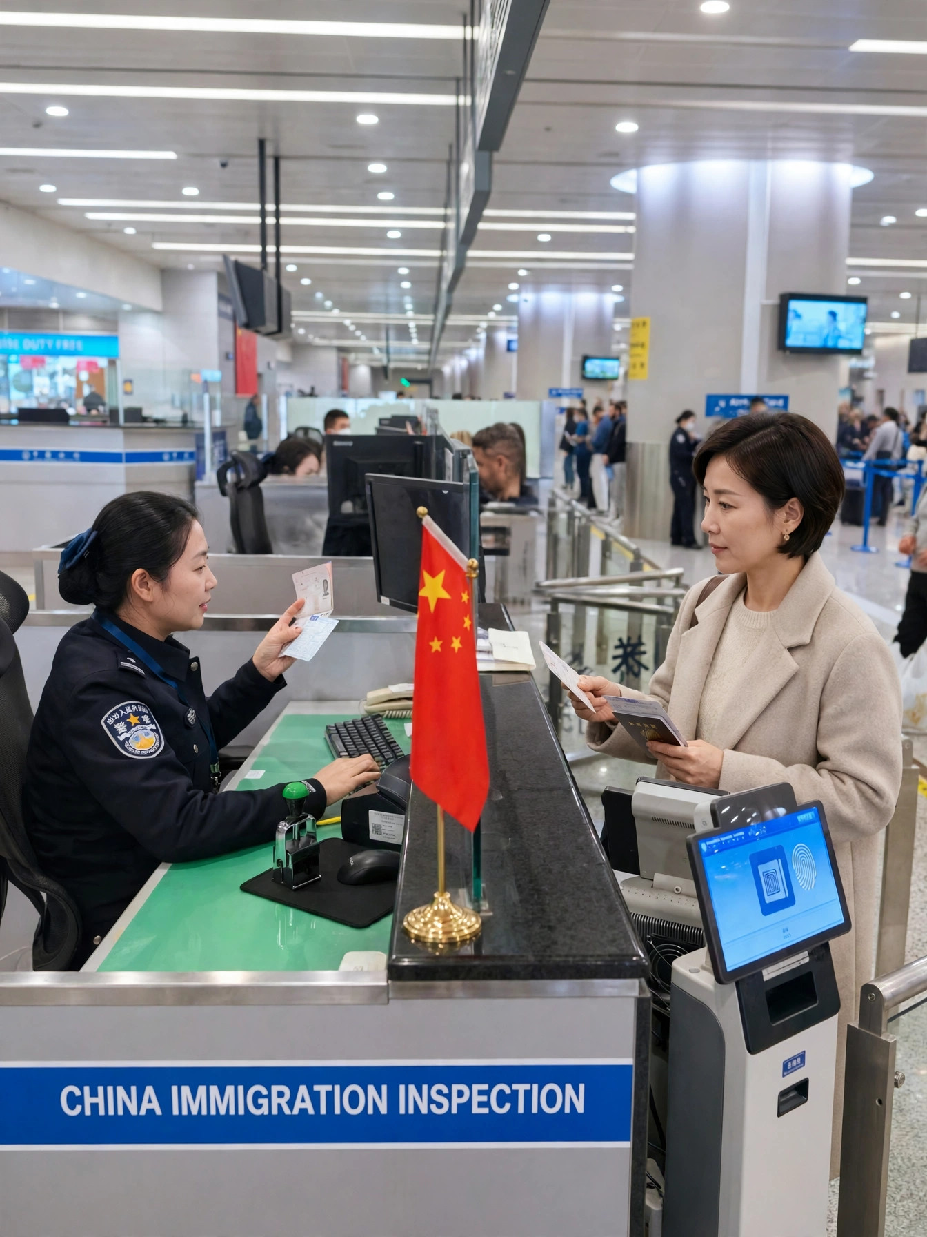 중국 공항 입국심사대에서 여권과 서류를 확인하는 심사관과 한국인 여행자