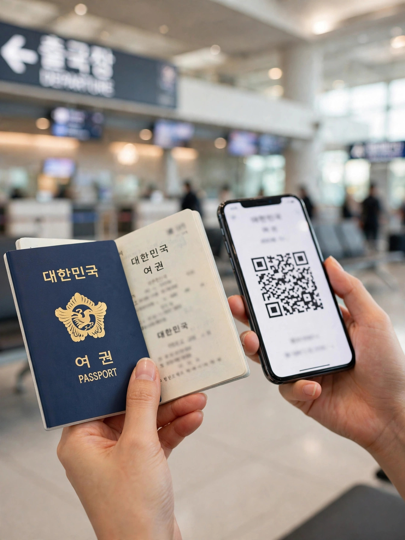 공항에서 여권과 QR코드를 확인하는 모습