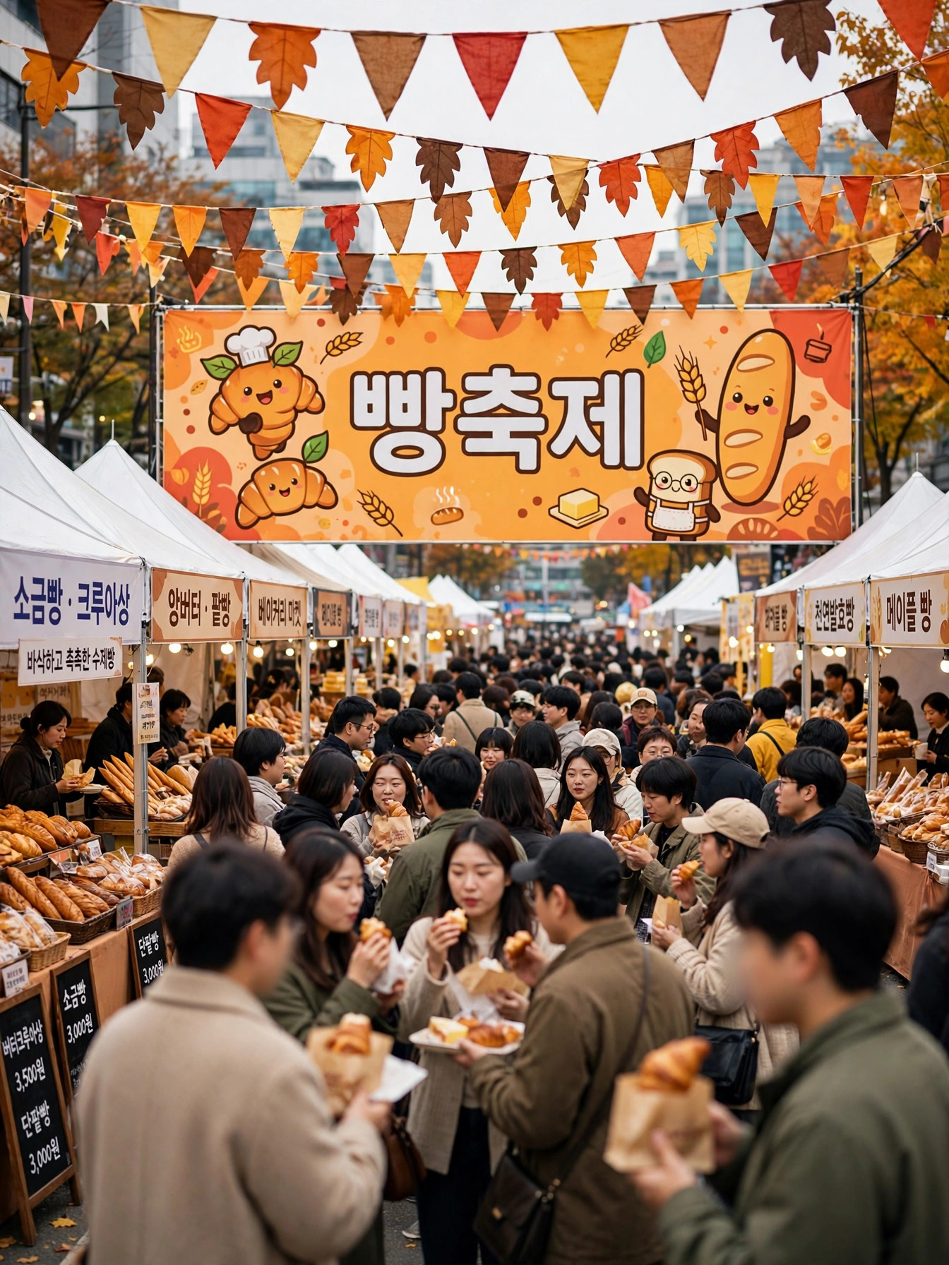가을 빵축제 현장, 하얀 천막 부스와 빵축제 현수막 아래 모인 인파