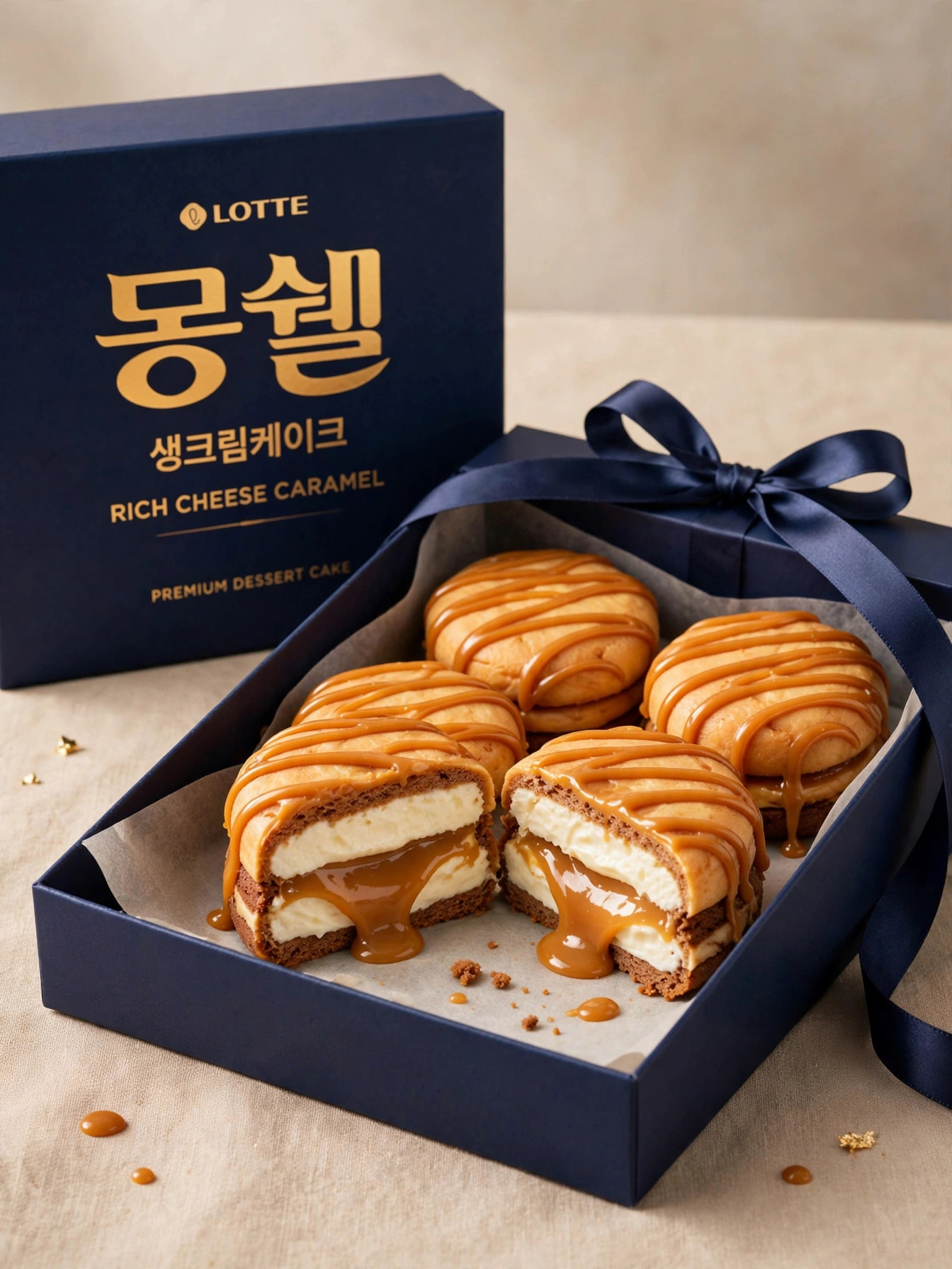 까망베르 크림과 카라멜 필링이 듬뿍 든 몽쉘 리치치즈 카라멜 기프트 박스