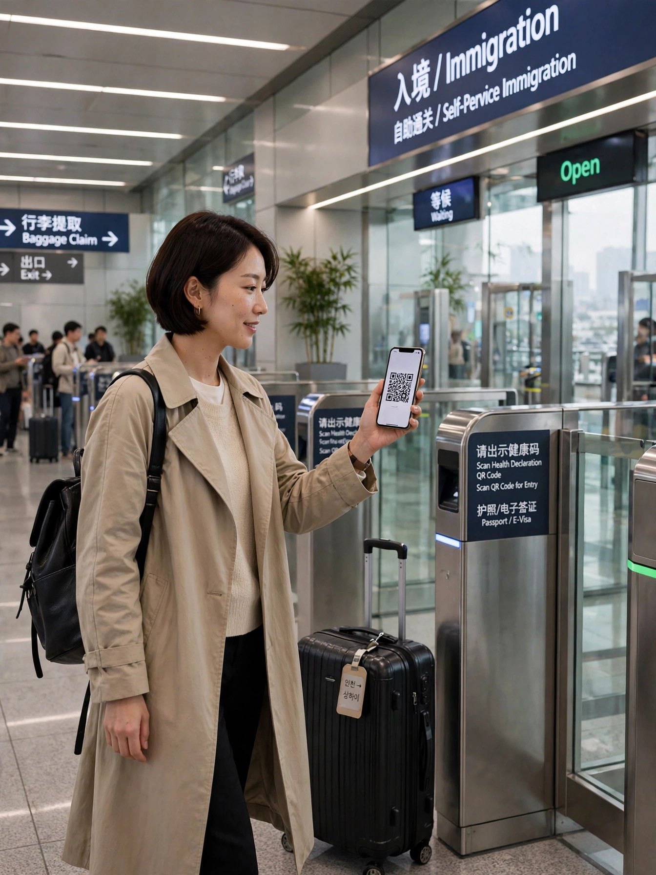 중국 공항 입국 게이트에서 QR코드 제시