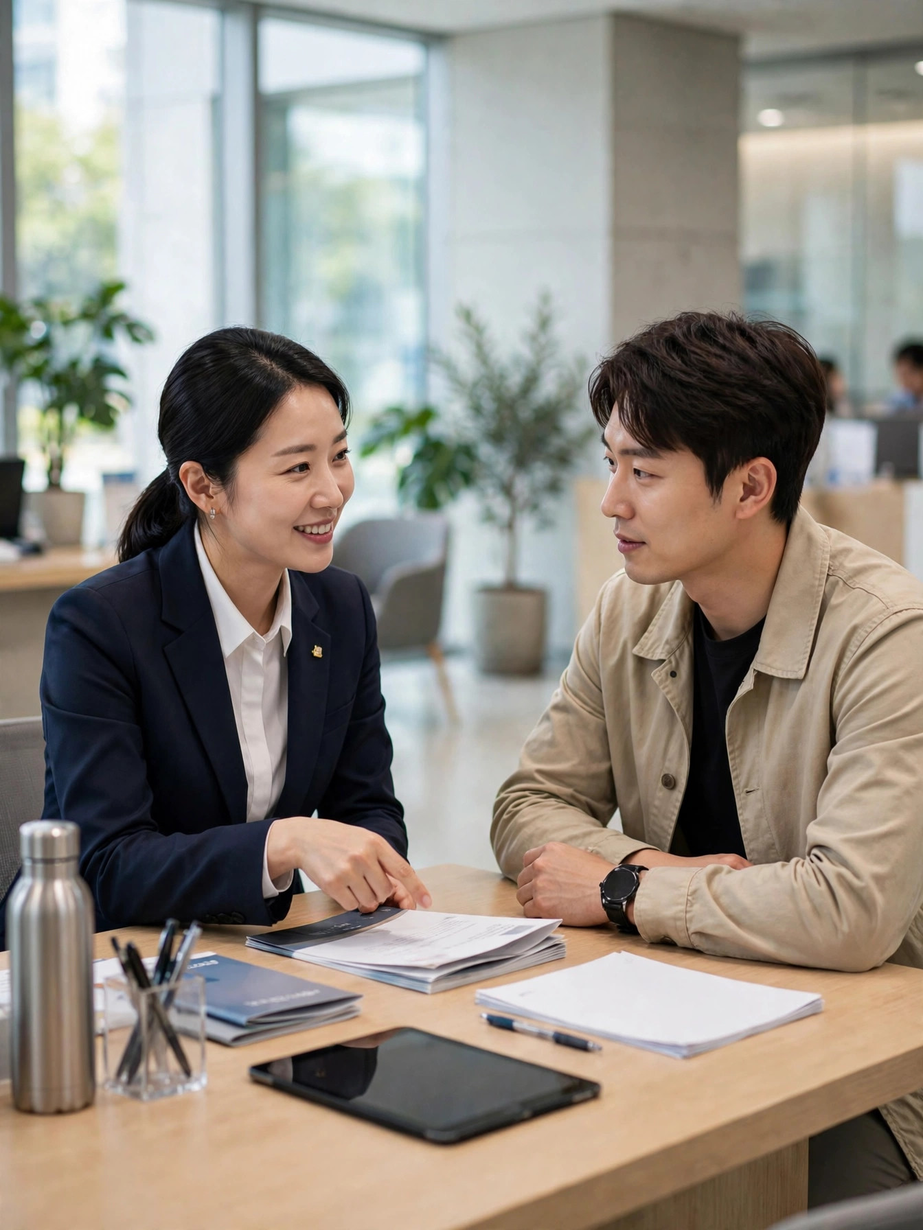 은행 창구에서 적금 상담을 받는 모습