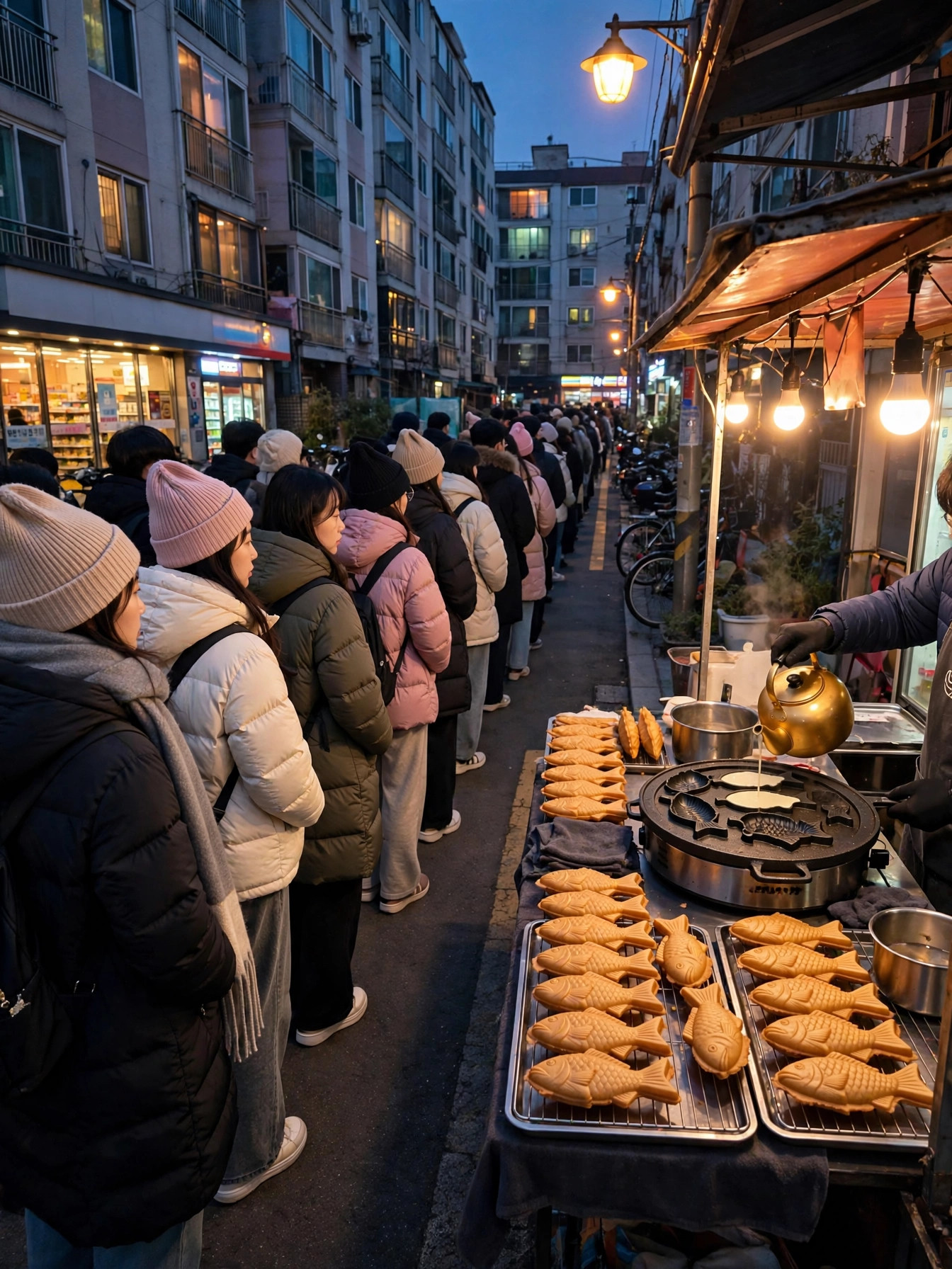 저녁 시간 붕어빵 노점 앞에 길게 늘어선 대기 줄