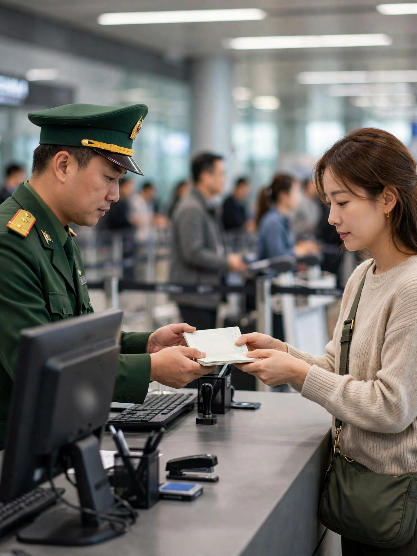 베트남 공항 입국심사대에서 여권을 확인받는 여행객