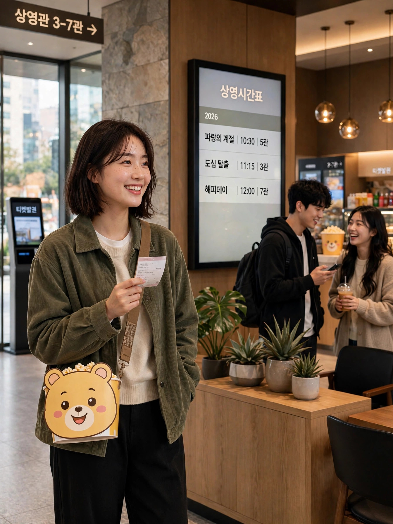 영화관 로비에서 먼작귀 팝콘통을 든 모습