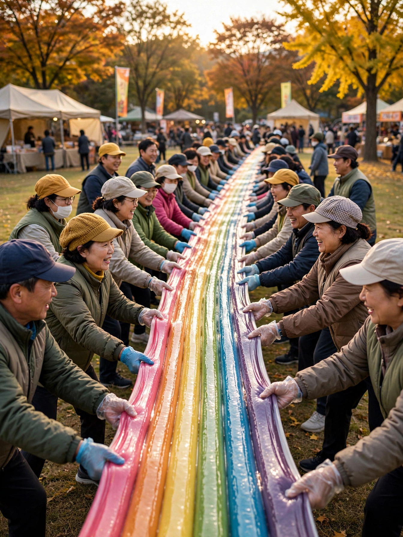 무지개 가래떡을 함께 당기는 축제 참가자들