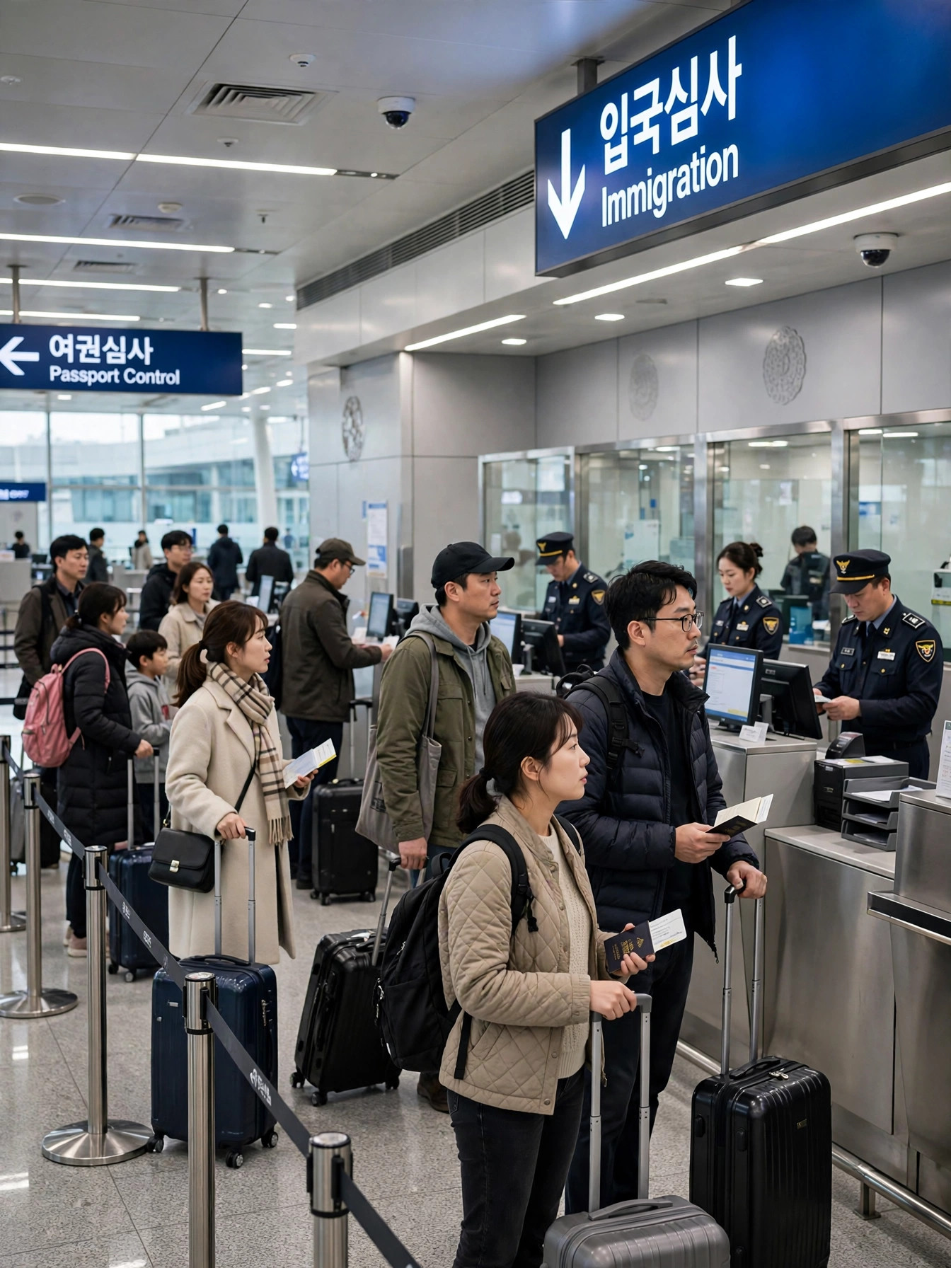베트남 국제공항 입국심사대 앞 여행객들
