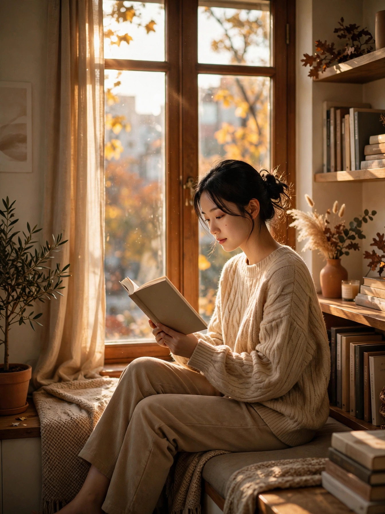 창가에서 소설을 읽는 여성의 모습