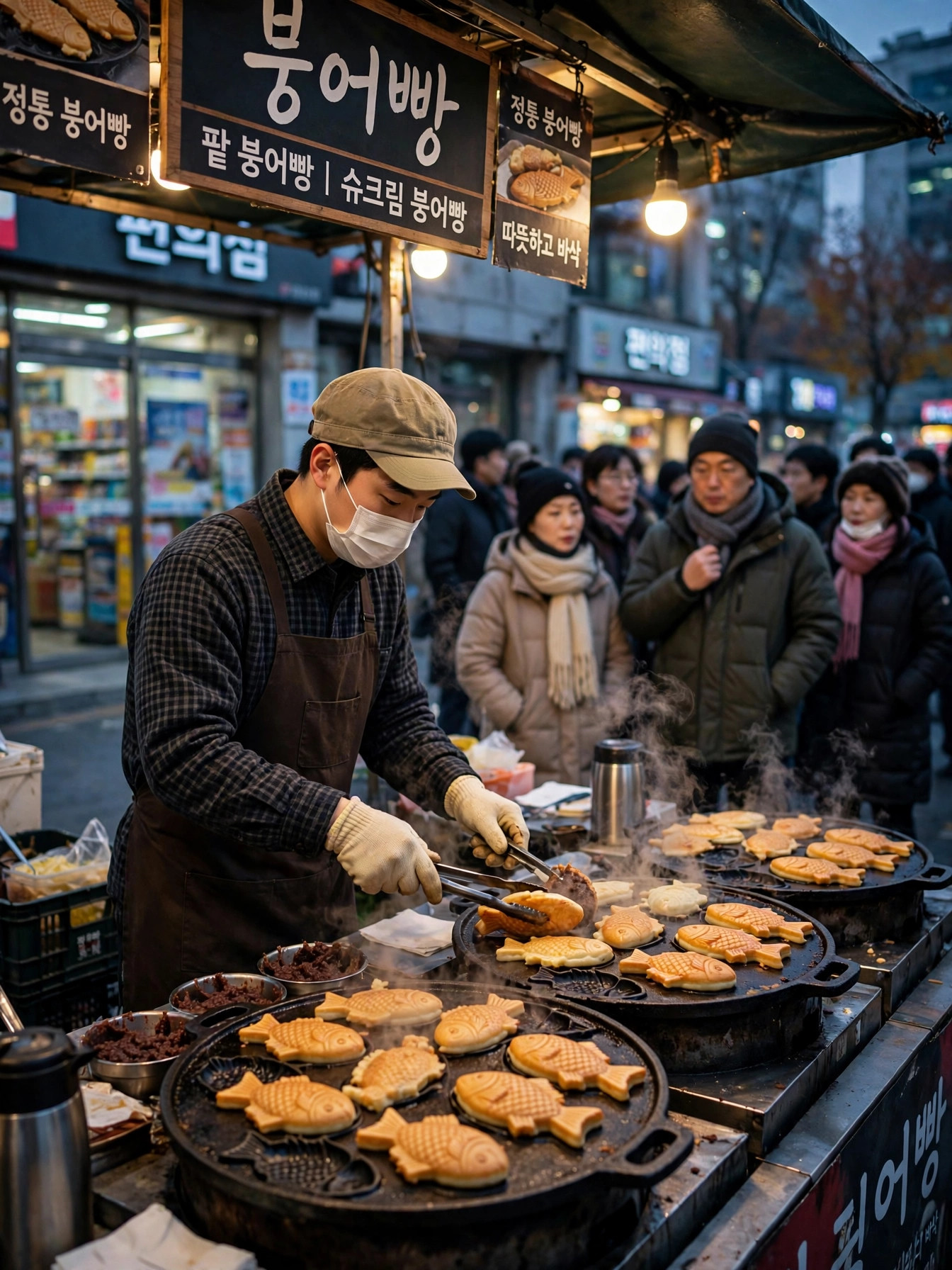 겨울 저녁 붕어빵 노점 앞에서 붕어빵을 굽는 모습
