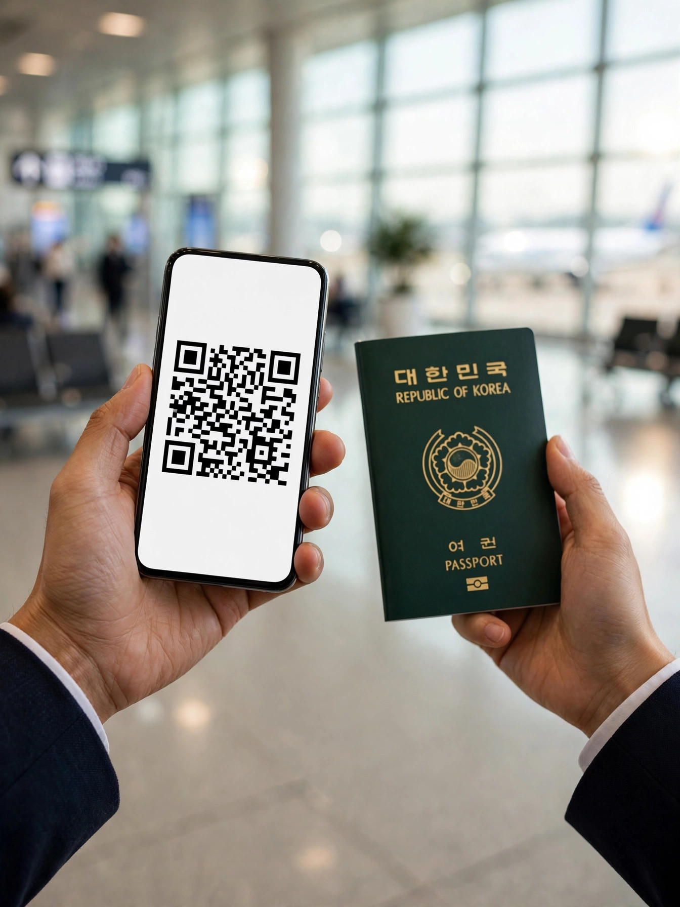 공항에서 QR코드와 여권을 들고 있는 모습